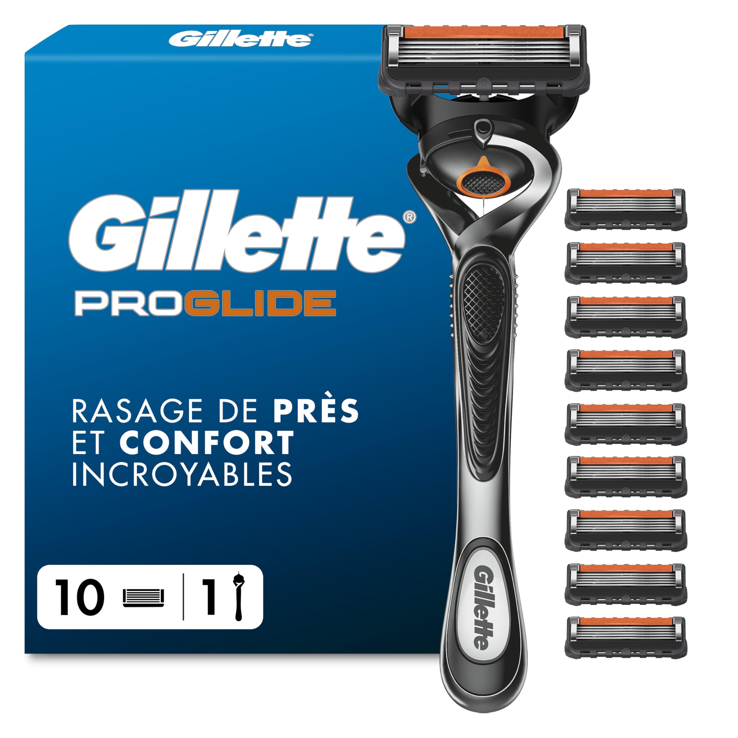 Gillette Rasoir Homme Proglide, 10 Recharges, Manche Réutilisable, Tête Flexible 5 Lames, Bande Lubrifiante, 1 Cartouche 30 Rasages