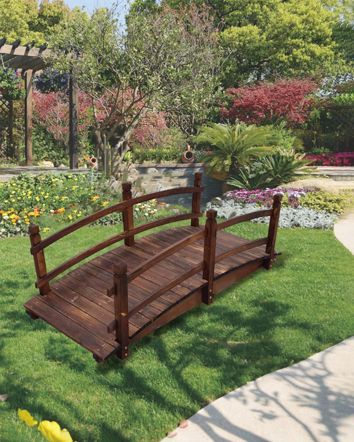 Tonuuoei Wooden Garden Bridge for Outdoors 4.6ft 5ft 6ft, Walkway Path Landscape Bridge, Japanese Pond Decoration, Yard Patio Arc Footbridge(150cm (5ft))