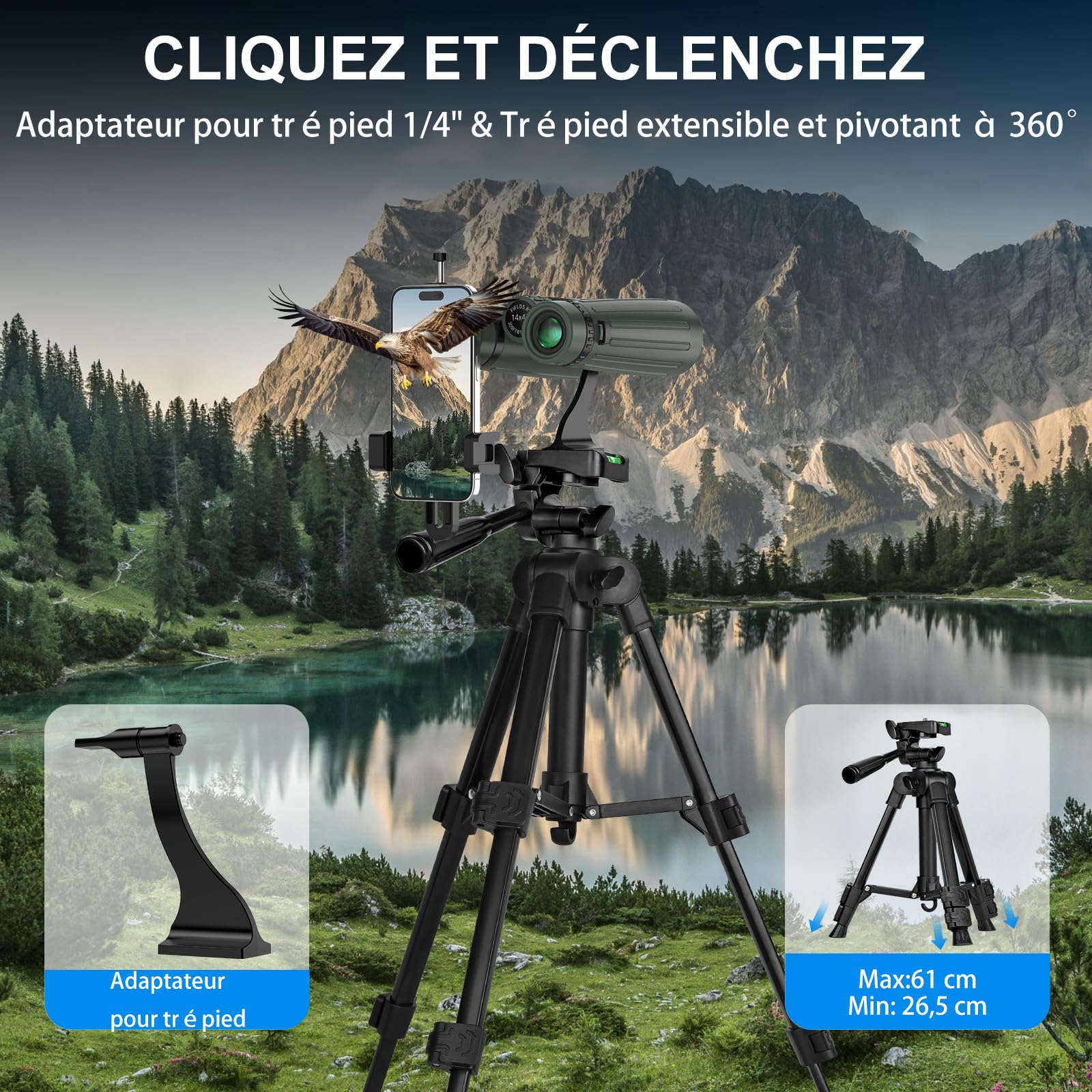 Jumelles 14x45 pour Adultes, puissantes, pour la Chasse, avec Une Vue dégagée et Large, étanches, avec Adaptateur de téléphone en métal et trépied pour l'observation des Oiseaux, la randonnée et