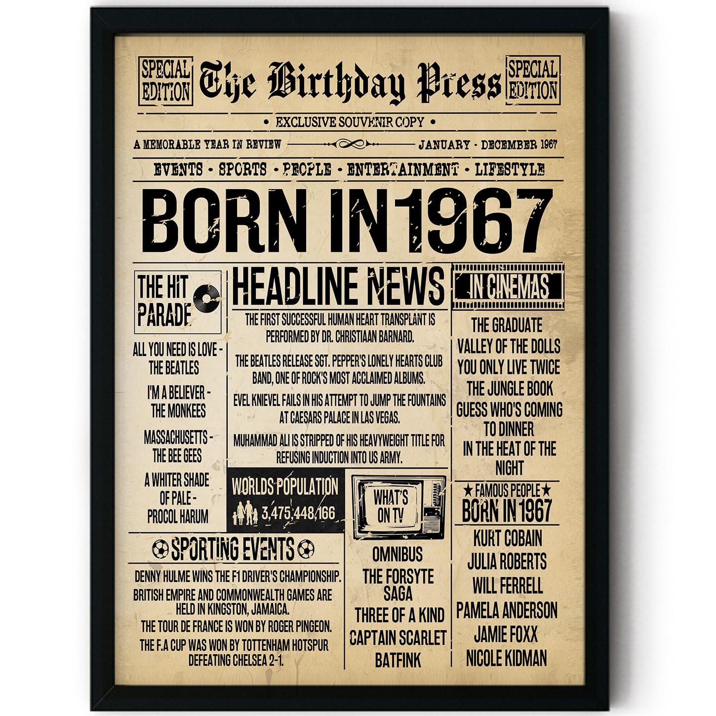 Stuff4 Women's 1967 59Th Birthday Poster Framed - Born In Vintage Newspaper - Happy 59Th Birthday Gifts For Men Retro Back In 8X10 Inch Decor Decoration Bday Party