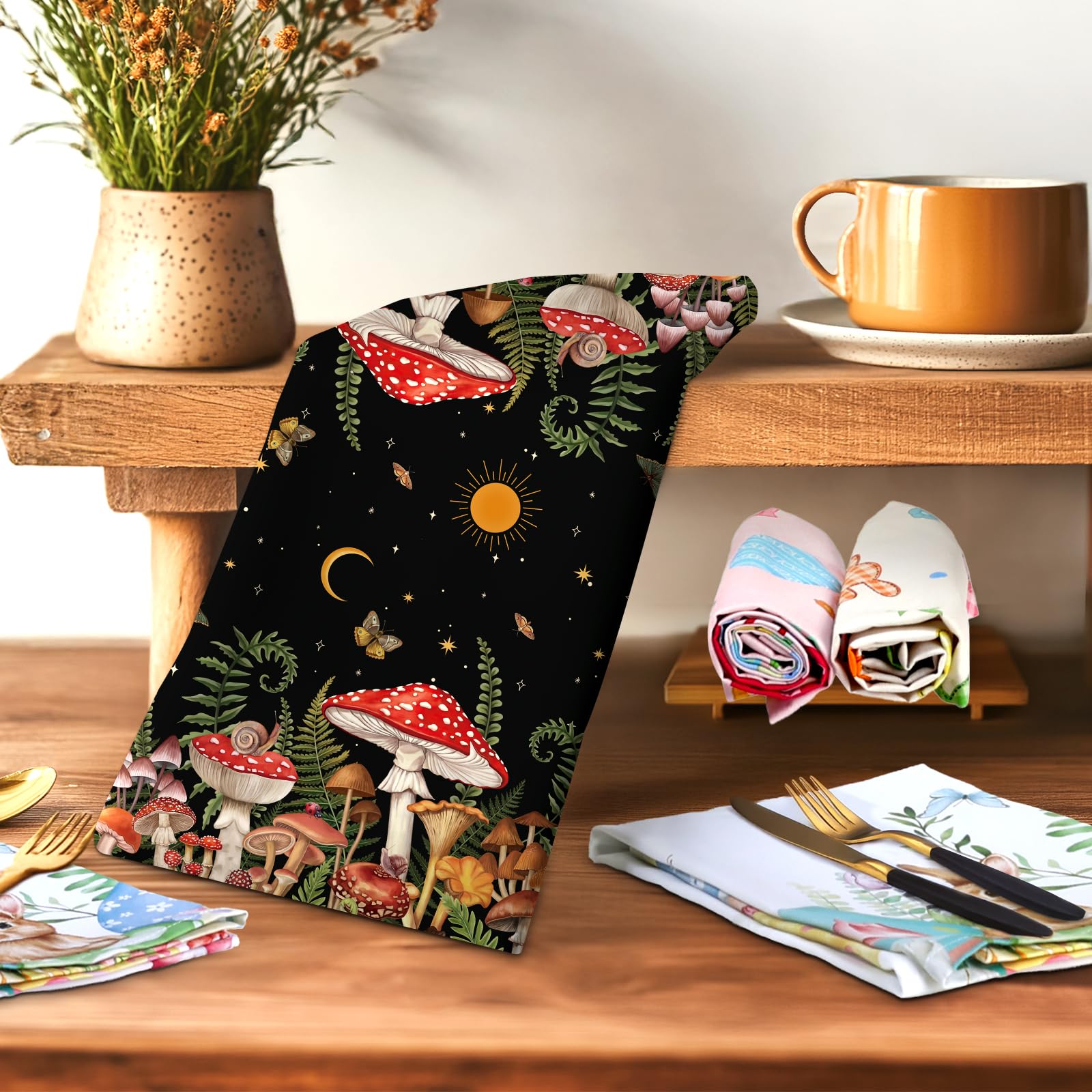 Arquiel 2Pcs Mushroom Kitchen Tea Towels 100% Cotton Forest Hand Towels Multiple Uses Quick Dry Dish Cloth for Table Kitchen Decor Housewarming Gifts - Image 2