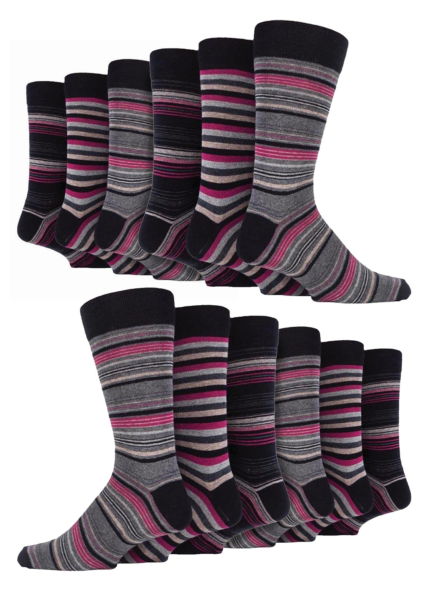 12 Pair Multipack Mens Cotton Striped Socks | SOCK SNOB | 12 Pair Multipack | Orange Purple Pink Blue & Red Striped Socks
