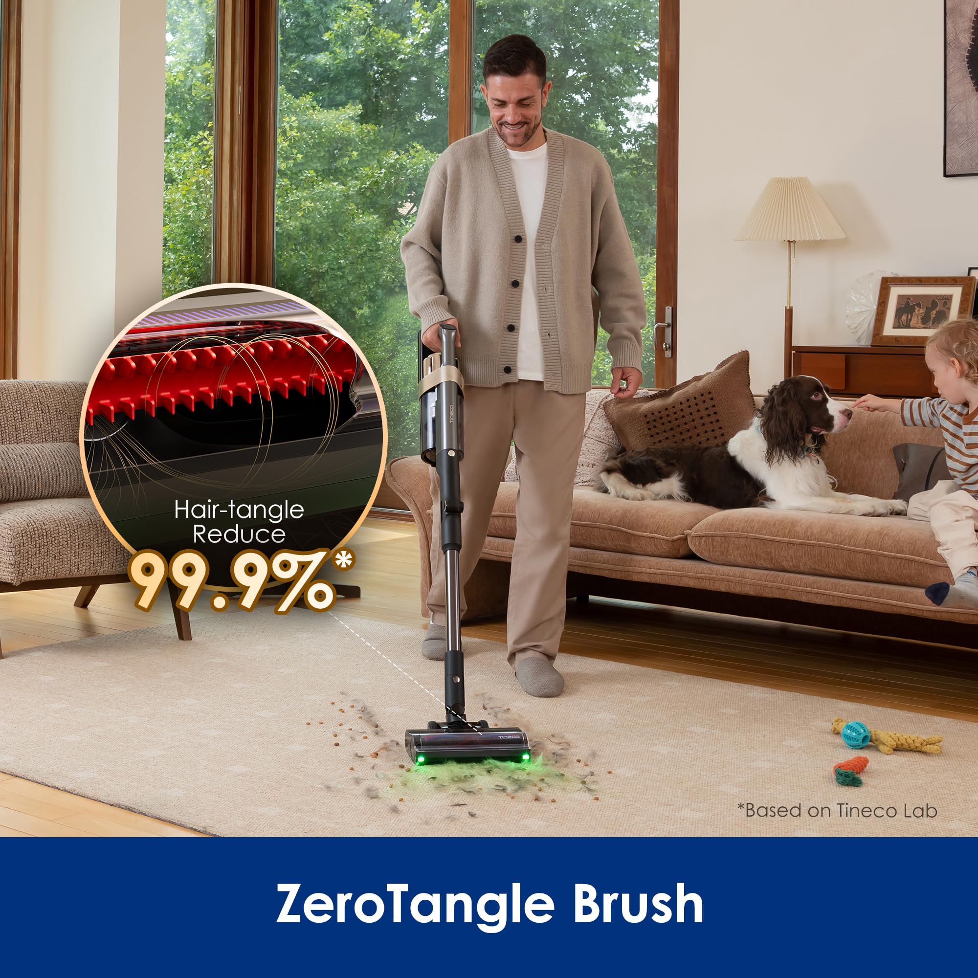 Tineco PURE ONE A90S Bezprzewodowy Odkurzacz Pionowy, Moc Ssania 270AW, Szczotka 3DSense Master, Wykrywanie Krawędzi, do 105 min Pracy, Zielone Światło LED 150°, na Sierść Zwierząt i Dywany | System SmartLift, zielone światło LED, bardzo długi czas pracy