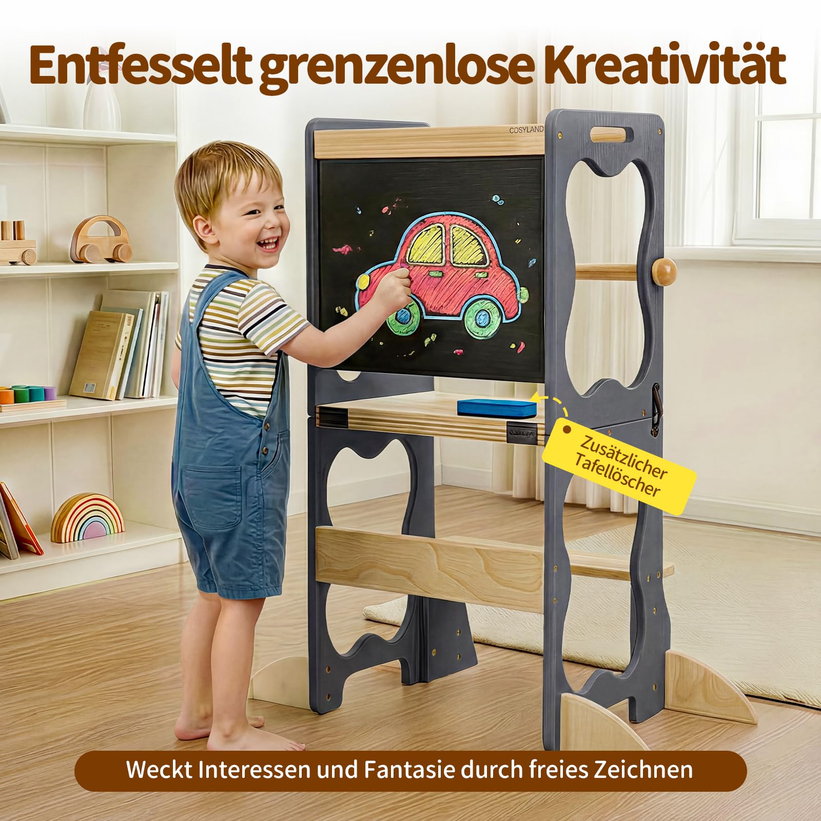 COSYLAND Lernturm Kinder 3in1 Küchenhelfer mit Tafel & Geländer Grau | Wandelbar zu Tisch & Stuhl. Stabiler Küchenhelfer für Alltag, Lernen und Spielen. Absolut sicher und langlebig.