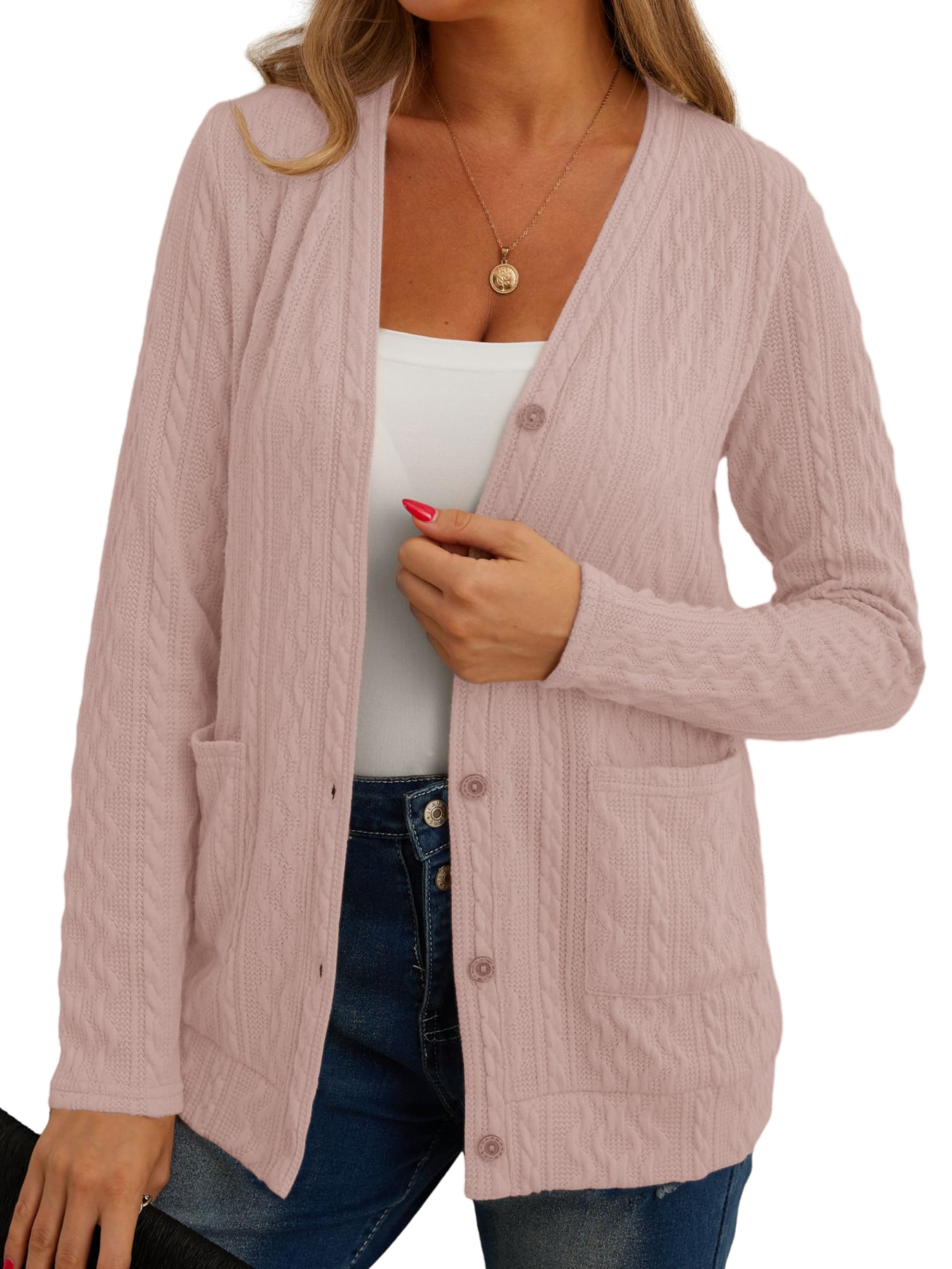 GRECERELLEWomens Cardigan Long Sleeve Lightweight Cardigans Button Down V Neck Ribbed Knit Outerwear Open Front Tops with Pocket for Ladies