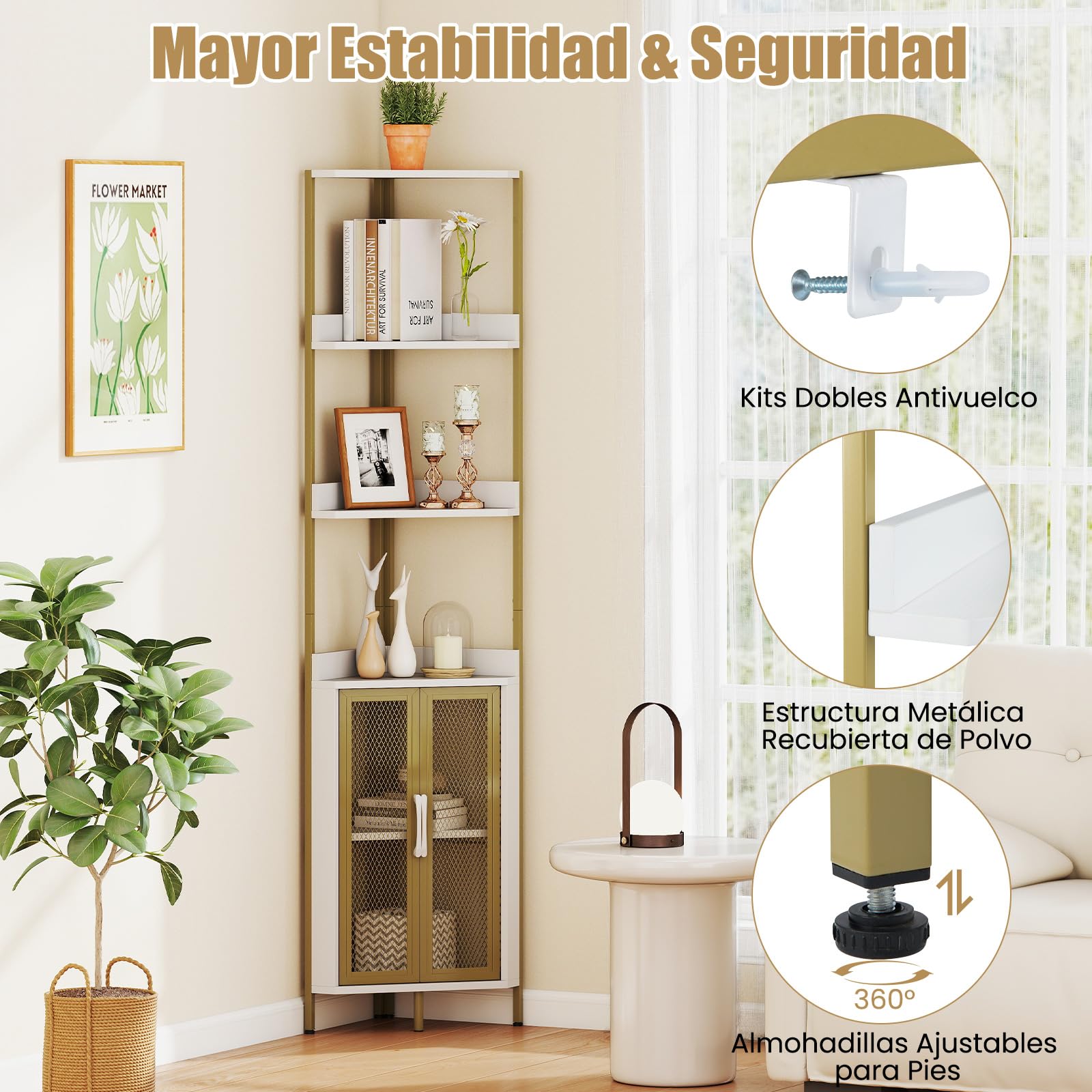 COSTWAY Estanteria Esquinera de 6 Niveles, Estanteria Esquina con Gabinete y Puertas, Estante Ajustable, Libreria Rinconera para Plantas, Salon Dormitorio Oficina Cocina, 32 x 32 x 170 cm (Blanco)