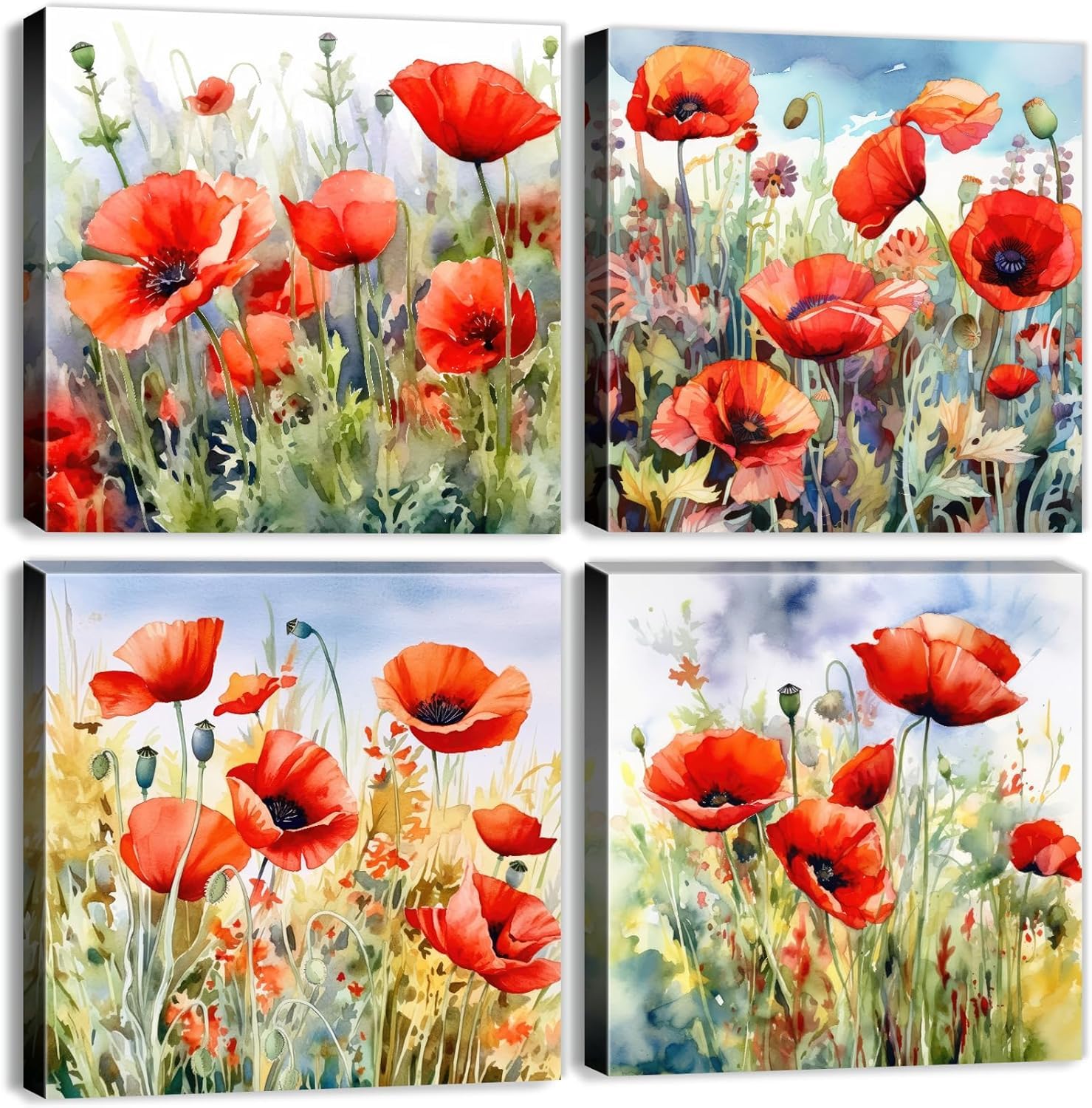 AREBOLO Red Poppy 4-Panel Canvas
