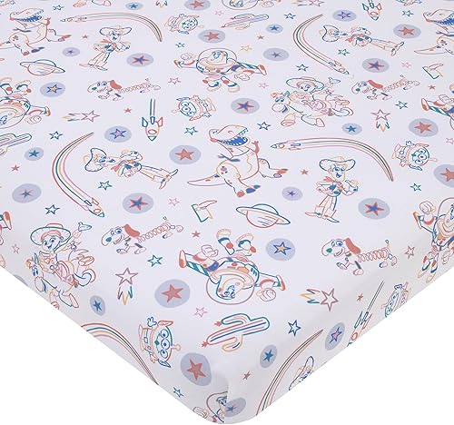 Disney Toy Story - Sábana bajera ajustable para cuna, color azul, naranja y blanco, Woody, Buzz y Jessie