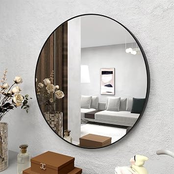 مرآة حائط مستديرة حديثة من طراز Farmhouse 42 بوصة - مرآة دائرة كبيرة الحجم مؤطرة باللون الأسود للغرور ، الحمام ، ديكور غرفة المعيشة