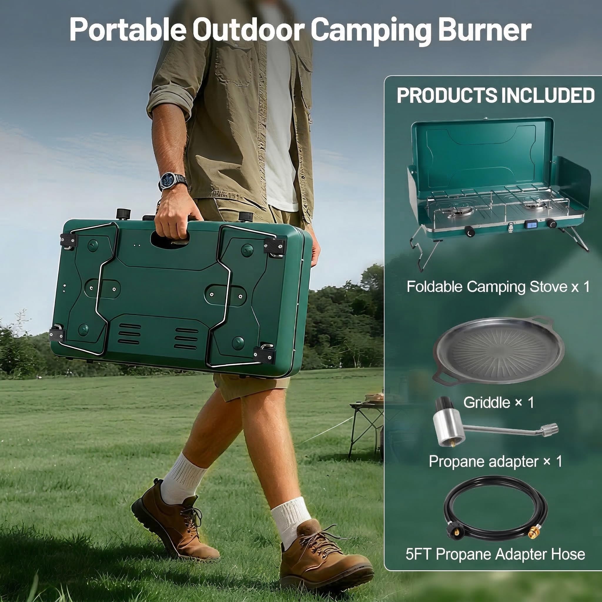 2-Brenner-Herd, tragbarer Campingkocher mit 2 verstellbaren Brennern und Windschutz, 20000BTU Campingkocher mit Zündung & Grillplatte für Camping, Heckklappe, Grillen, Outdoor