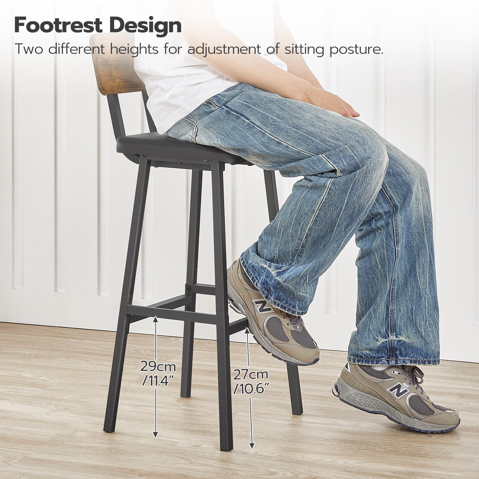 HOOBRO Bar Stools, Bar stools Set of 2 PU Upholstered Tall Bar Chairs, Barstools with Backrest and Footrests, for Kitchen, Dining Room,Bar, Cafe, Rustic Brown and Black BF84BY01