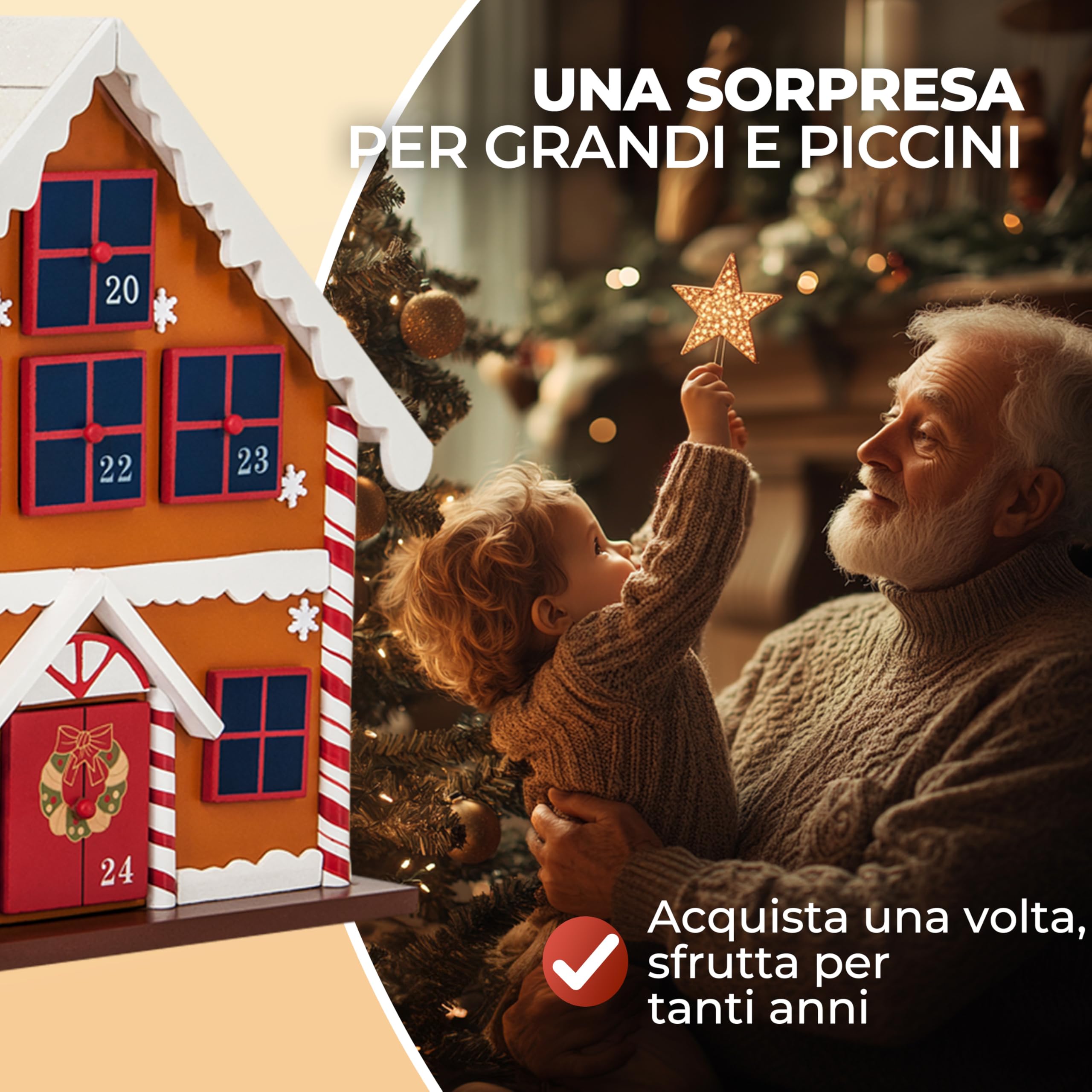 Spielwerk® Calendario dell' Avvento Riutilizzabile in Legno Casetta di Pan di Zenzero Decorazione Natalizia da Riempire