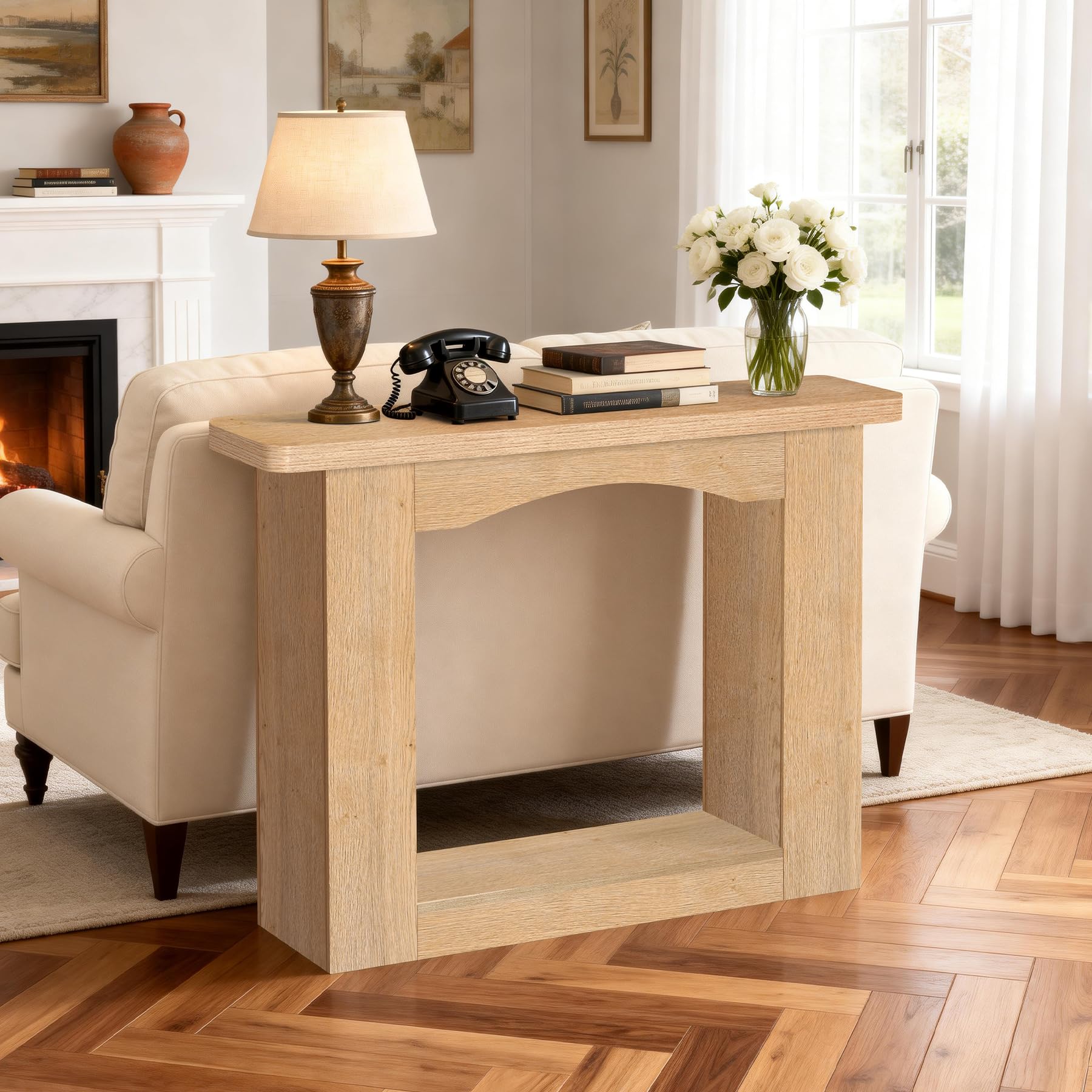 Sonharlar 43 Inch Entryway Table U-Shaped Extension, 1.6 Inch Thick Desktop Wooden Console Table with Socket Farmhouse Sofa Table for Entrance, Hallway, Living Room,Behind Couch((Oak Brown)