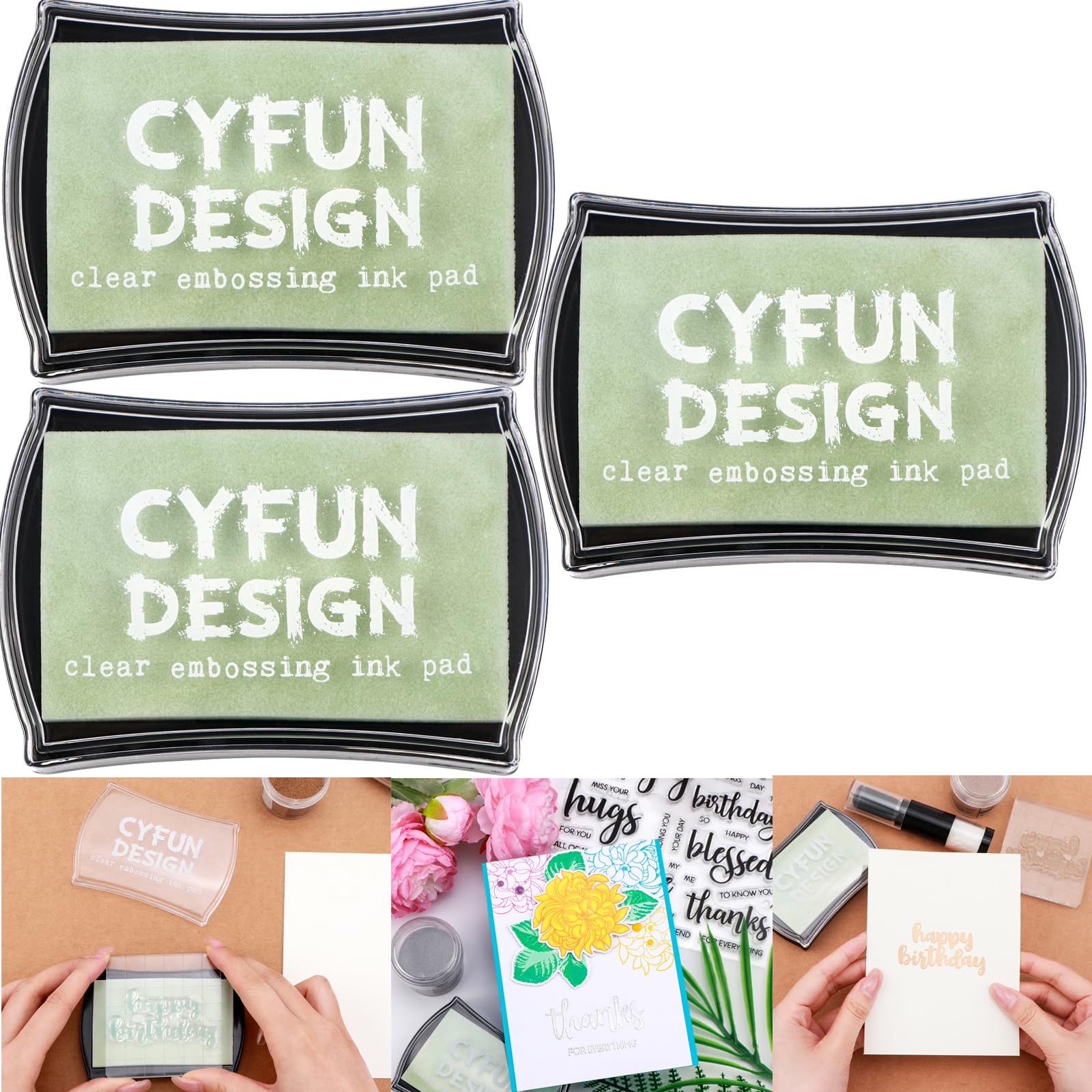 3 Pack Clear Embossing Ink Pad for Stamping & Scrapbooking - Slow-Drying Crisp Ink, Raised Durable Surface for All Stamp Sizes | Long-Lasting Inkpads for Rubber Stamps Arts & Crafts Supplies