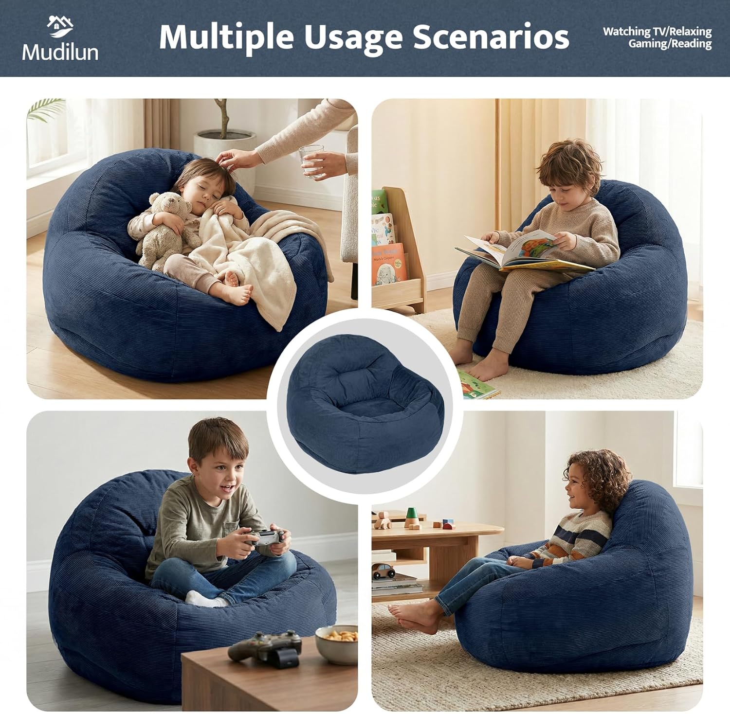 mudilun 3Ft Bean Bag Chairs for Teens, High-Resilience Foam Filled Small Beanbag Couch, Soft Corduroy Fabric Beanbag Chair, Suitable for LivingRoom, Bedroom, and Game Room (Navy Blue)