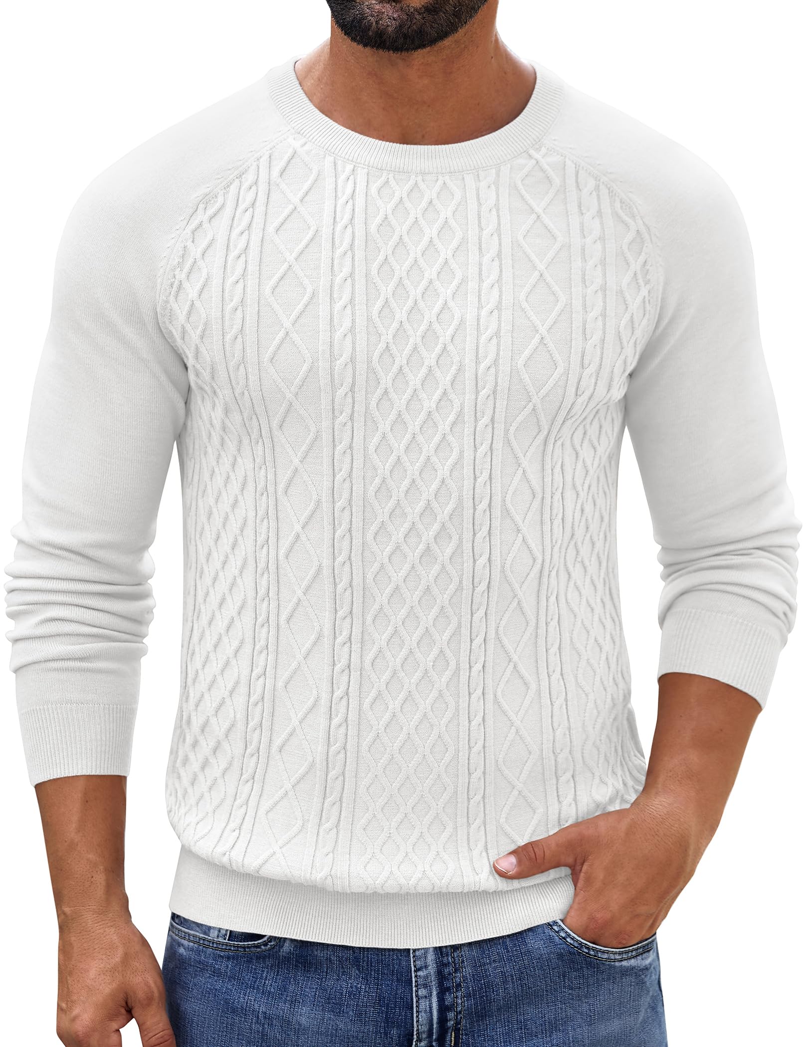 COOFANDY Herren Pullover Rundhals Langarm Strickpullover Zopfstrick Winterpullover Warm Slim fit Zopfmuster Sweater