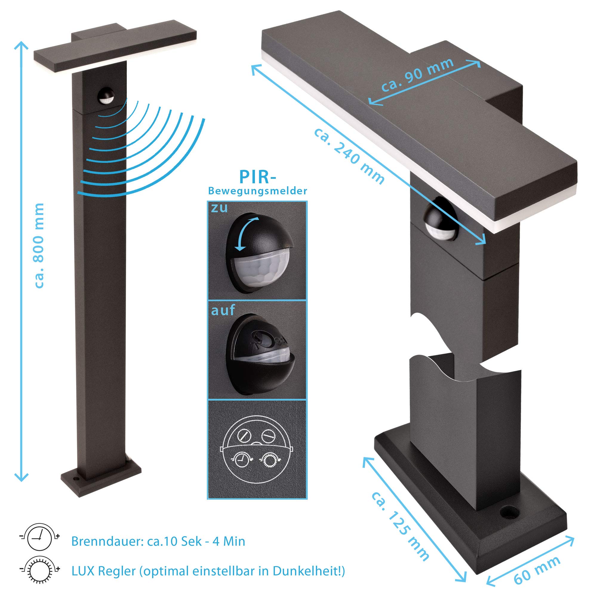 max K O M F O R T LED Standleuchte mit Bewegungsmelder Pollerleuchte Wegeleuchte 10W - 78cm hoch - warmweiß - Anthrazit 17504-800 (Pollerleuchte schwarz mit Bewegungsmelder)