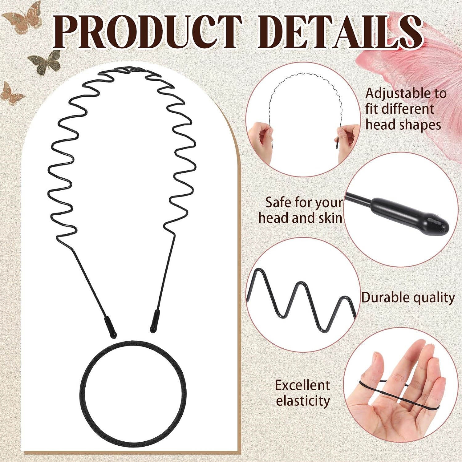 6 Pack Metal Hair Band for Men and Women, Wavy Adjustable Metal Headband with 100 Pcs Hair Elastics Band Ponytail Holders Unisex Non-slip Sports Headband for Workout Sports Black Hairband Accessories thumbnail