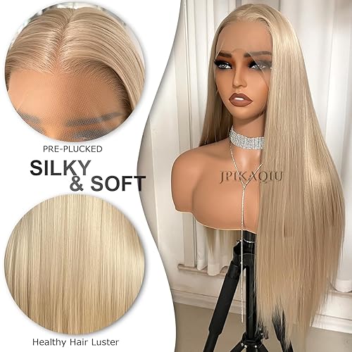 Miniatura 3 de JPIKAQIU Pelucas de encaje frontal de color rubio ceniza, peluca larga y recta con encaje frontal, línea capilar natural, color rubio ceniza,