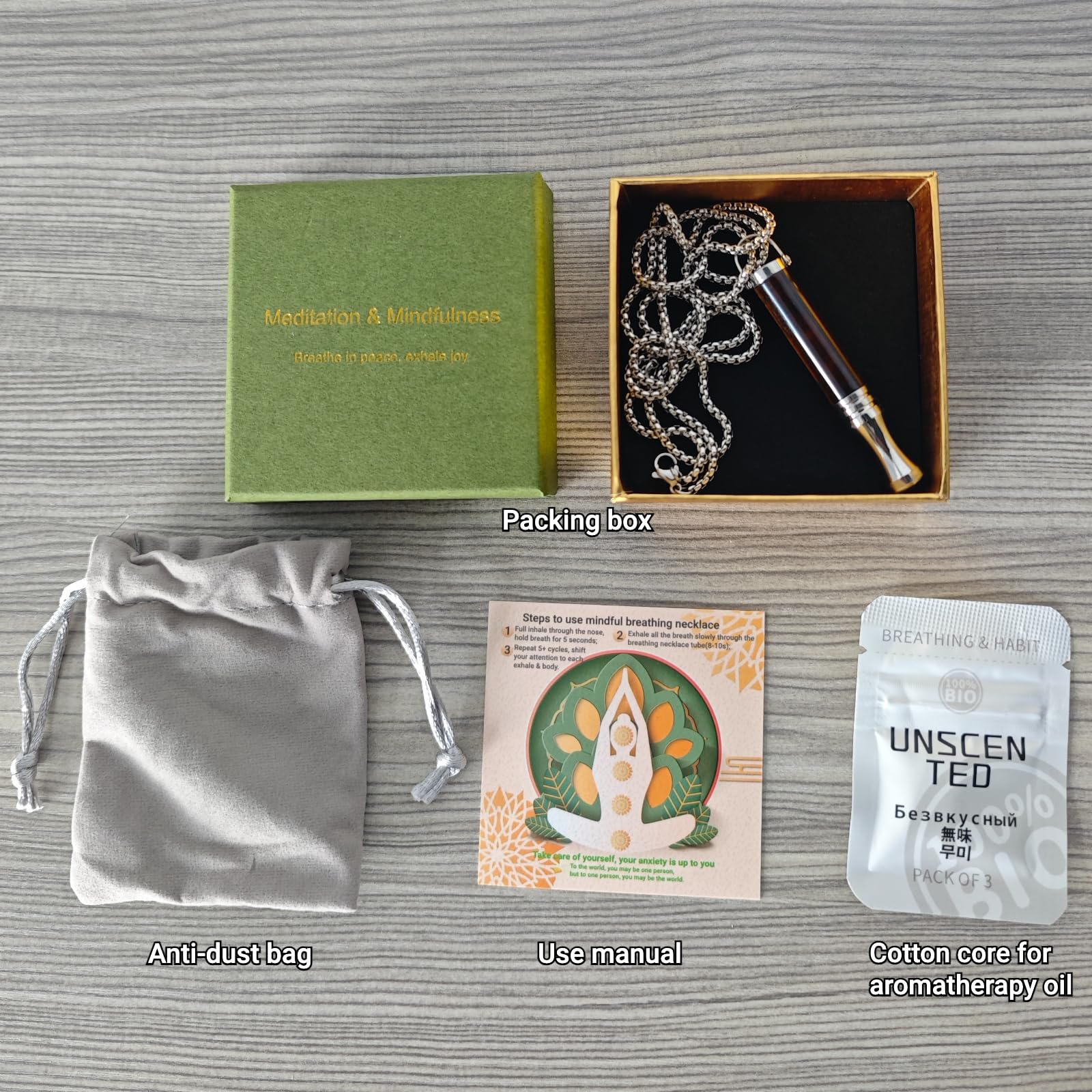 Collar de Respiración con Piedra de Ojo de Tigre y Aromaterapia Cadena de Acero Inoxidable 70cm Herramienta de Meditación y Atención Plena para Calmar,Ayudar a Dormir,Aliviar la Ansiedad y el Estrés