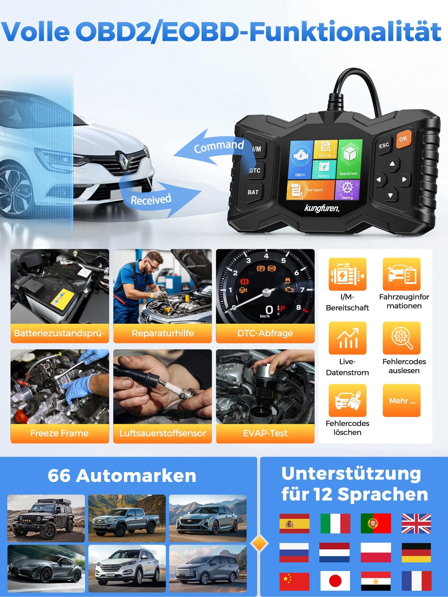 OBD2 Diagnosegerät Auto OBD Auslesegerät: OBDII Auto Lesegerät Scanner mit Motor Diagnose Funktionen, Deutsch Adapter KFZ Fehlerauslesegerät für Alle Fahrzeuge BMW, VW, Ford, Mercedes, Audi