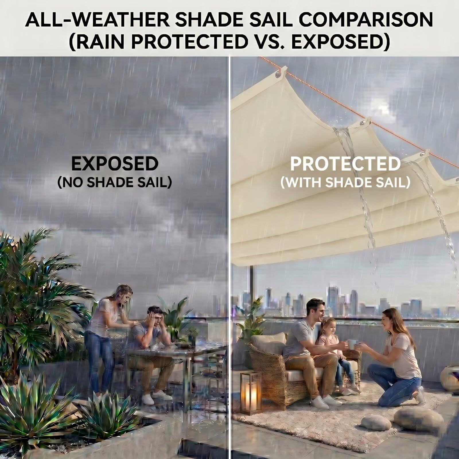Voile d'ombrage Suspendu Vague 200x350cm Rétractable Imperméable Toile Solaire pour Pergola et Tonnelle Jardin Beige