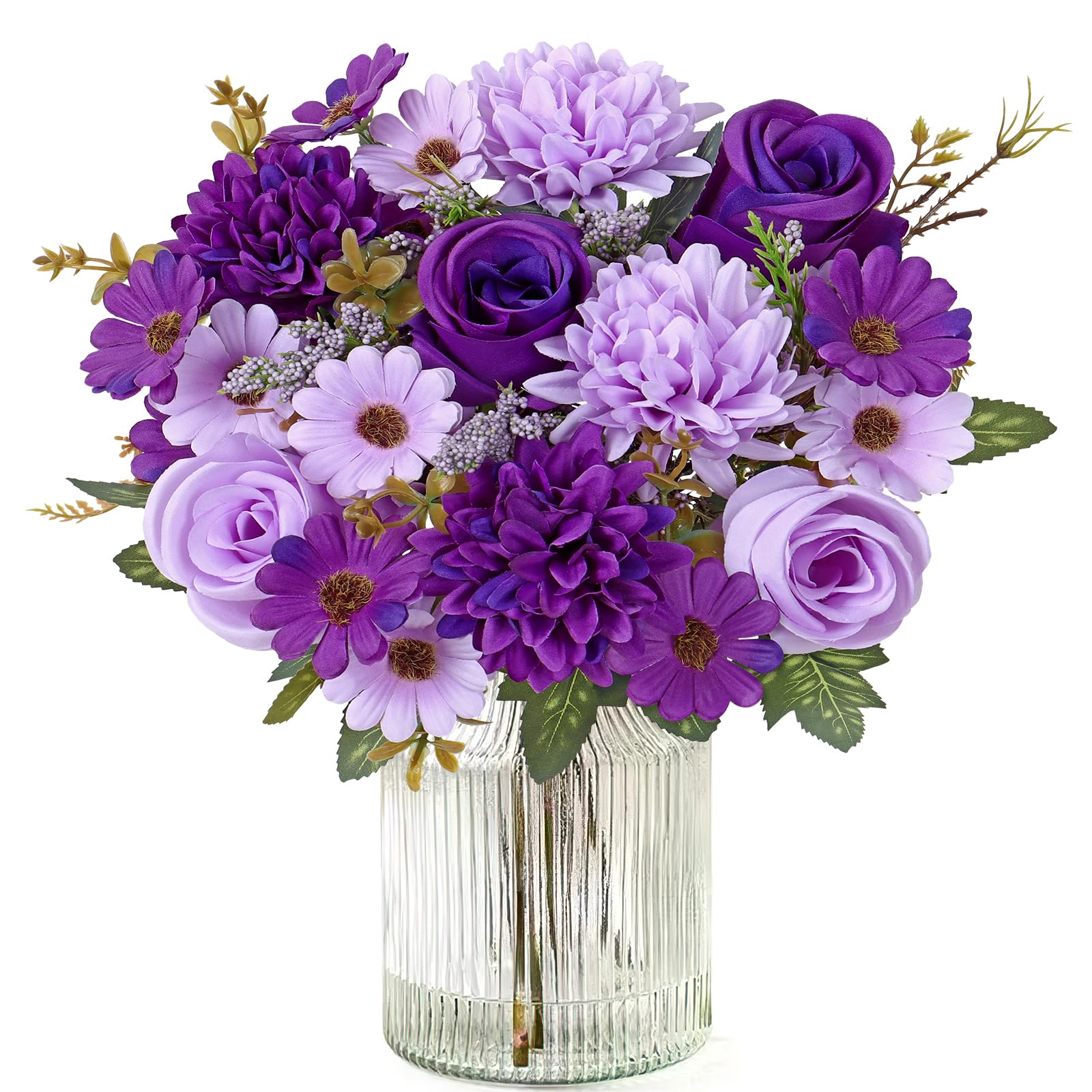 MEIVINES Artificial Flowers Artificial Rose Silk Flowers 2 Bunches Faux Rose Daisy Flower Bouquet for Wedding Party Table Centerpieces Floral Arrangement Home Kitchen Decor (Purple, 2PCS)