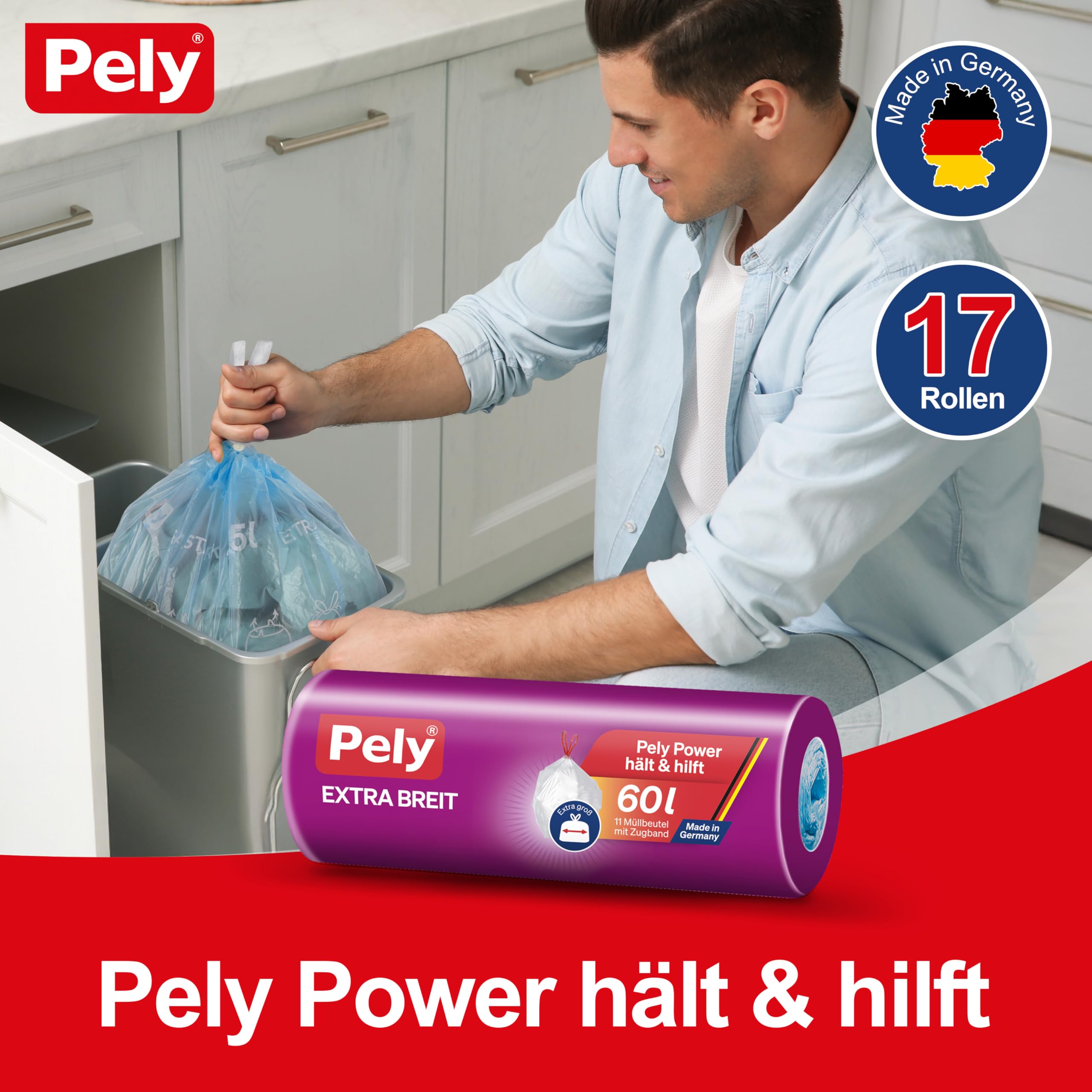 Pely Bolsas de basura de 60 litros (60 litros extra ancha), paquete de 17 x 11 unidades en cartón, para la eliminación de residuos residuales