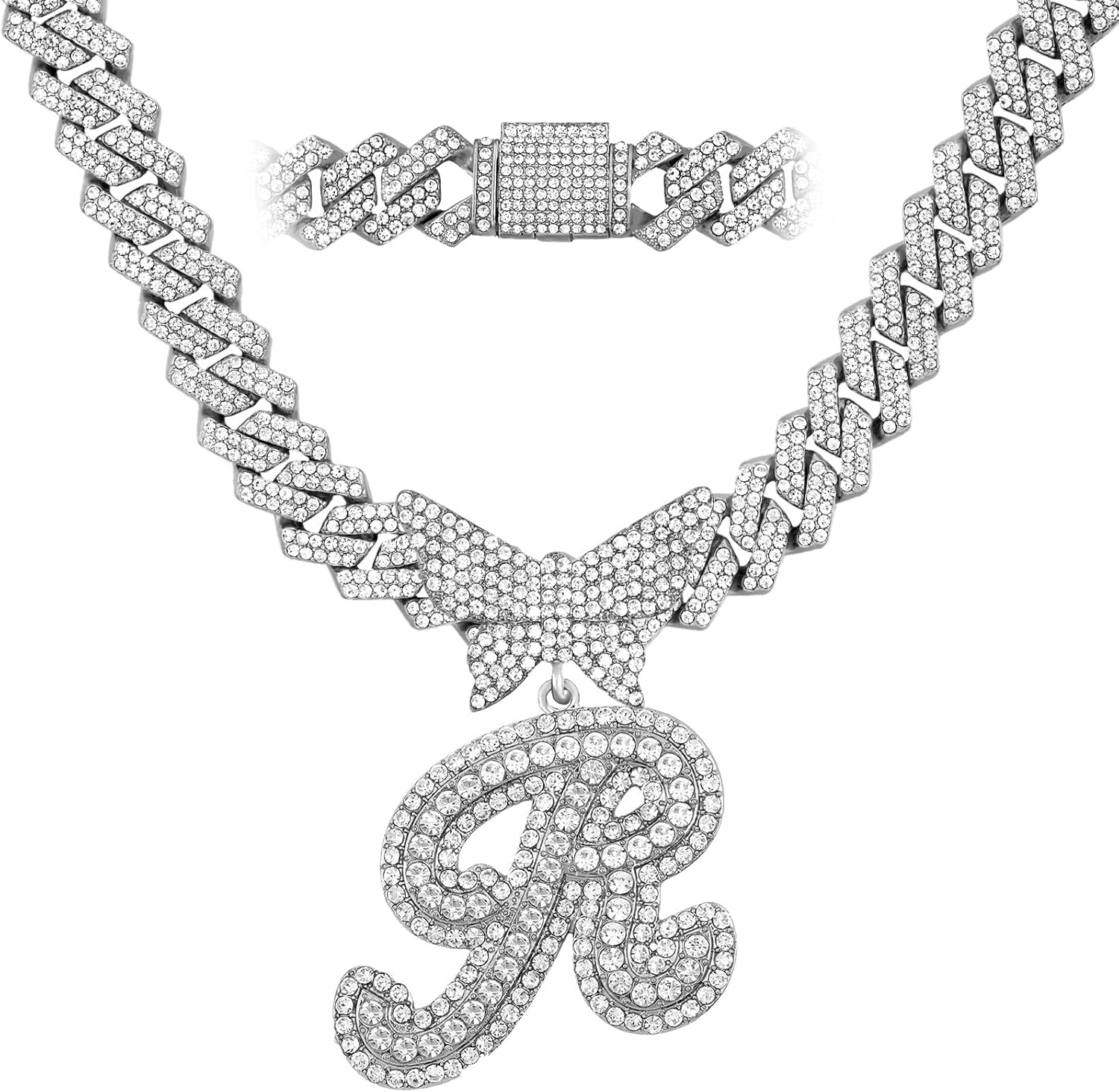 Cuban Link Chain for Women Cursive Silver Initial 14MM Diamond Prong Cuban Chain Hip Hop Iced Out Chain Necklace Butterfly Initial Letter Name Necklaces for Women