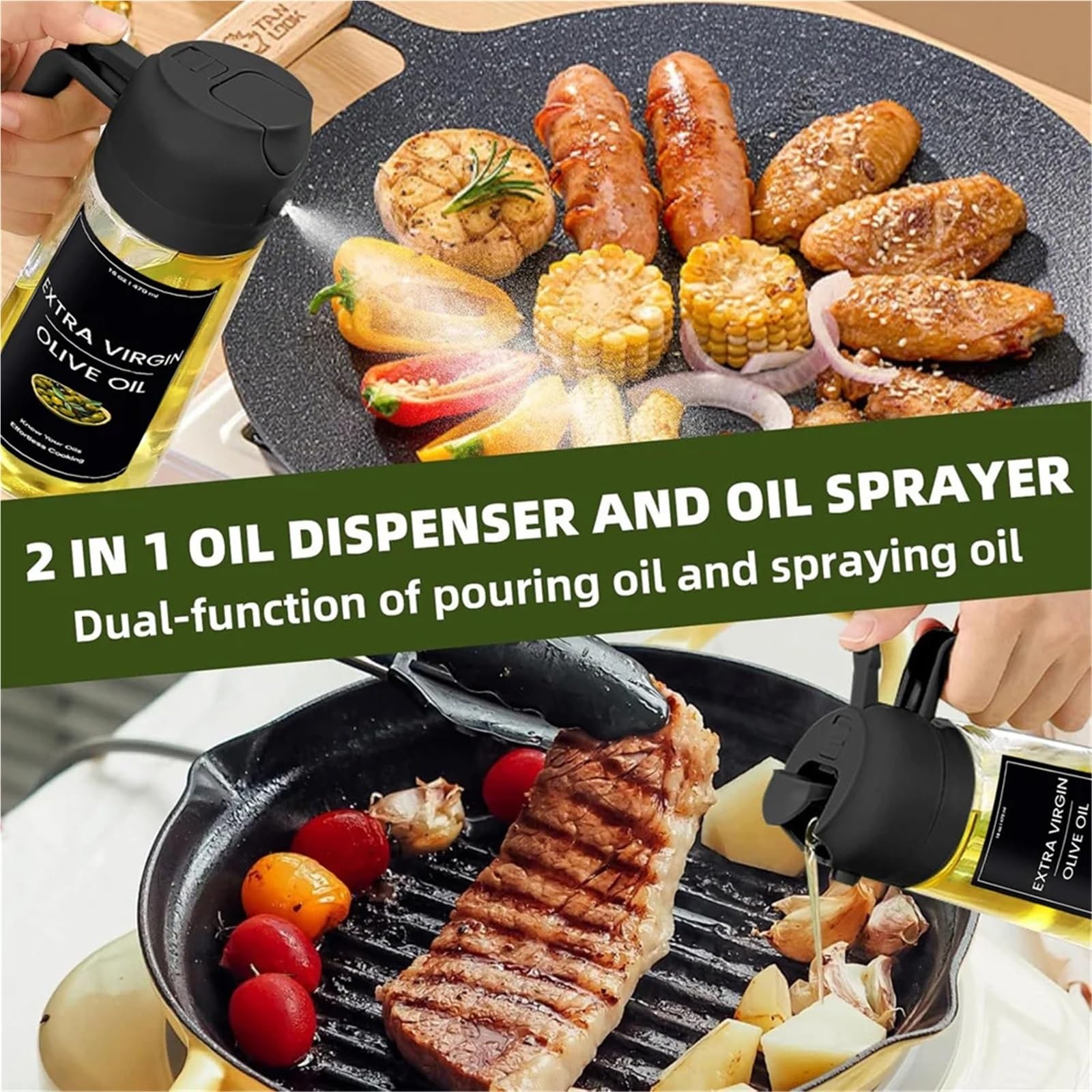 Distributeur d'huile, Pulvérisateur D'huile Pour, Bouteille Distributrice 2 En 1 Pour, Verre De 16oz/470ml, Monsieur Qualité Alimentaire pour friteuse à air, salade(2pcs White)