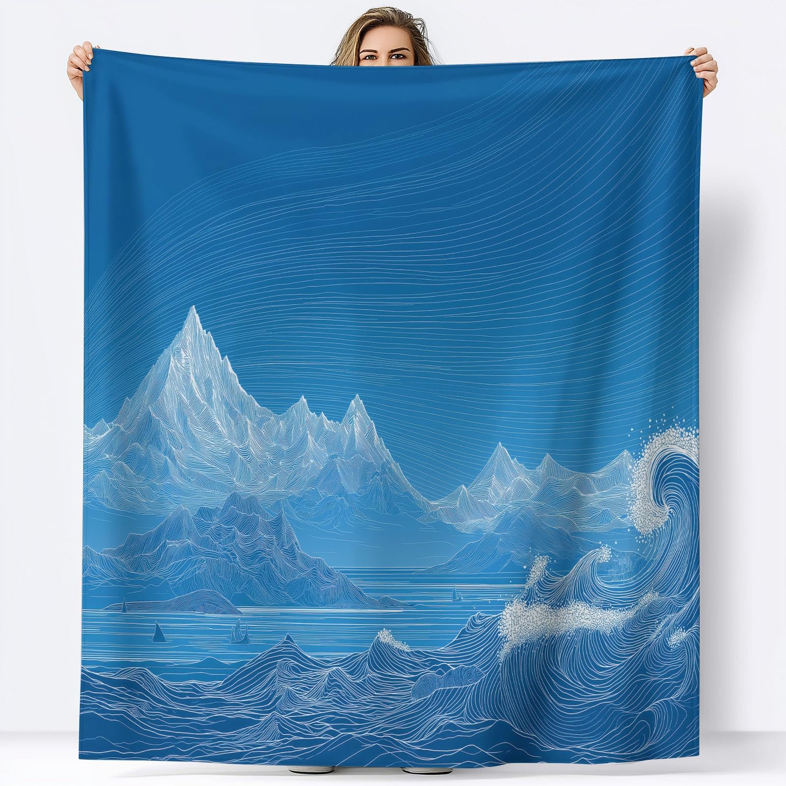 Générique 3D Couverture de Flanelle Polaire Plaid 150 x 200 cm, Couverture Imprimé Motif Abstrait Montagnes Océan Minimalisme eté de Canapé Douillette Bleu Confortable pour Chaise Lit Voyage