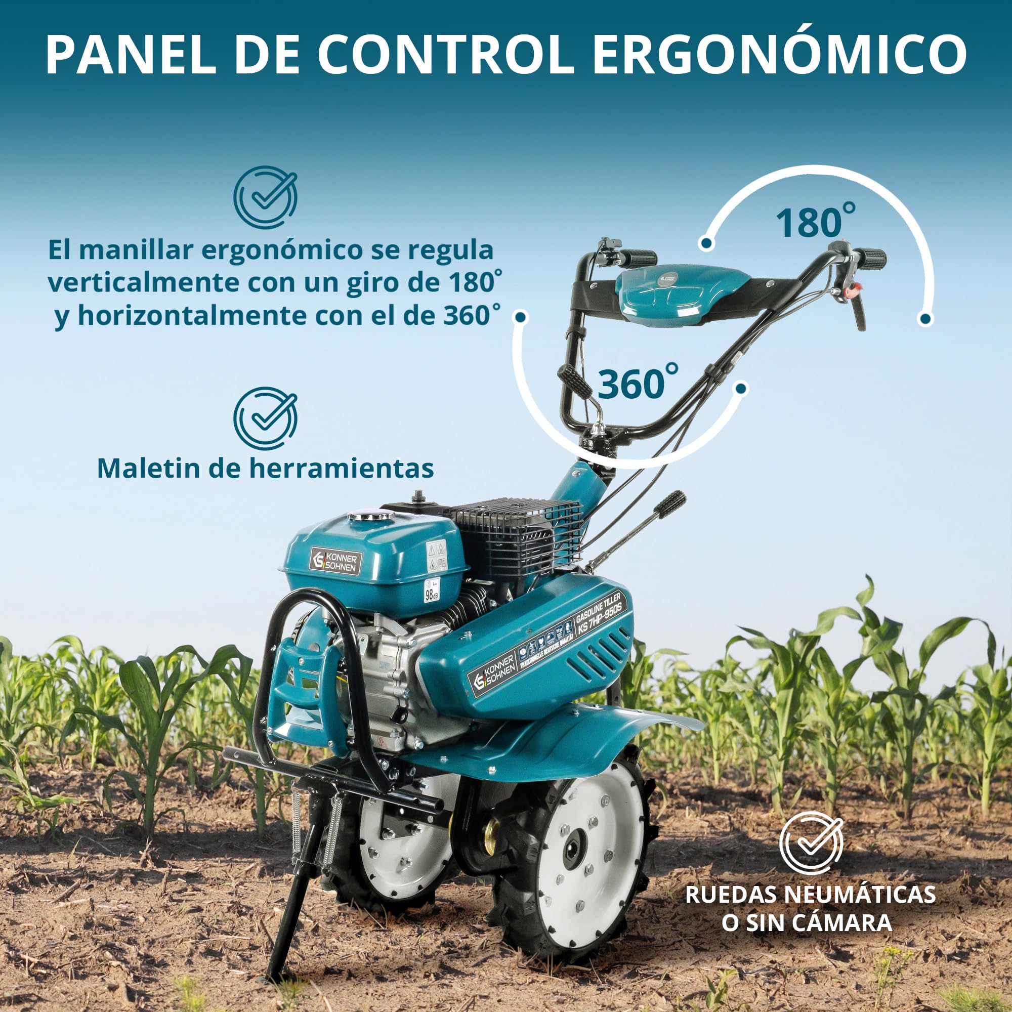 Könner & Söhner KS 7HP-950S - Azada de Gasolina, fresadora de jardín, accionamiento por Cadena, fresadora de Sable forjada, 2 Marchas hacia adelante, Marcha atrás, Ancho de Trabajo de 108 cm