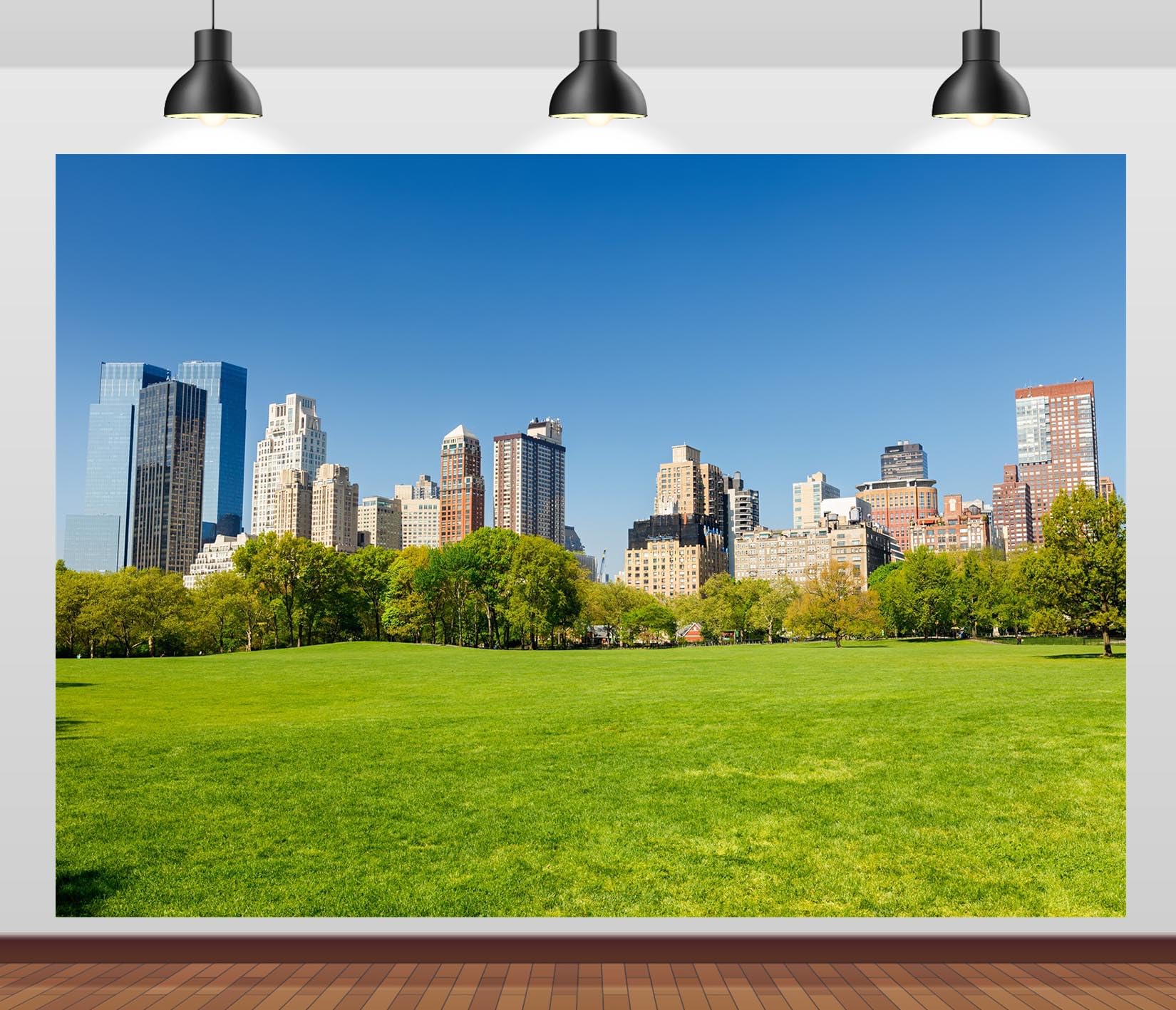 CORFOTO 5x3ft New York City Central Park Backdrop Green Grass Land City View Photography Background Blue Sky Sunny Day Garden Grass Backdrop for