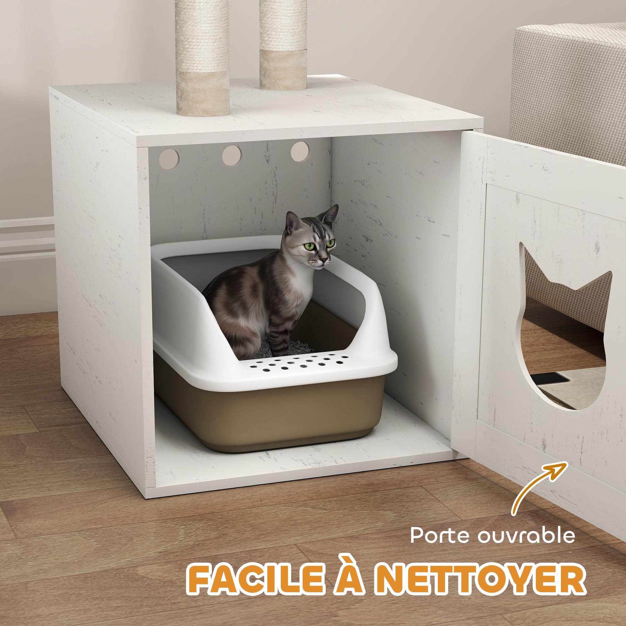 PawHut Tiragraffi per Gatti con casa di Servizi igienici, Torre di Gioco 2 in 1, Cuccia per Gatti da 129 cm con coprilettiera, Pali da graffiare, Piattaforma, Letto, Crema