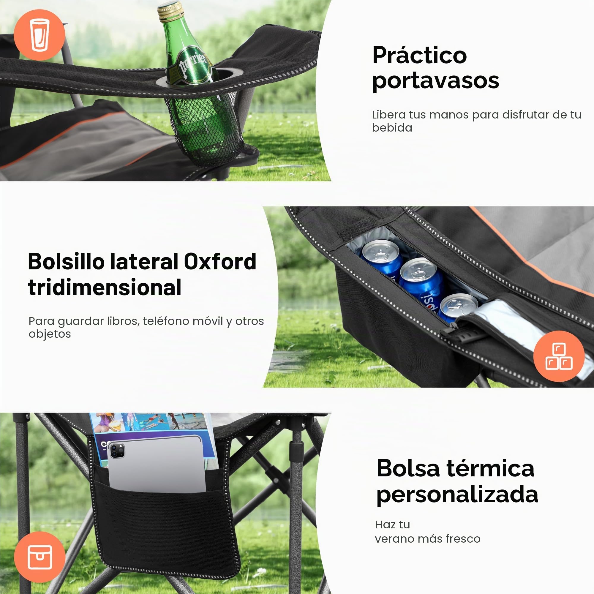 HIGH POINT SPORTS Silla Camping Plegable Silla Plegable Portátil de Gran Tamaño, Silla Plegable Negro Resistente al Aire Libre con Portavasos y Bolsa Enfriadora, Soporta 200KG
