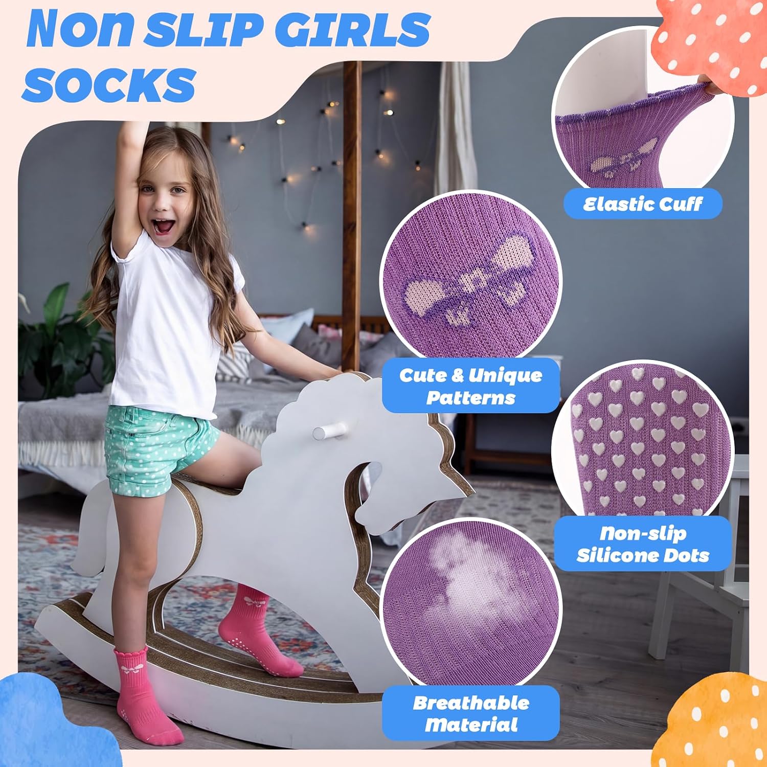 8 Pairs Girls Kids Ruffle Socks, Colorful Cute Frilly Grip Cotton Crew Socks with Bow, Uniform School Dress Non-slip Bubble Cuff Sock for Girls 9-12 Years