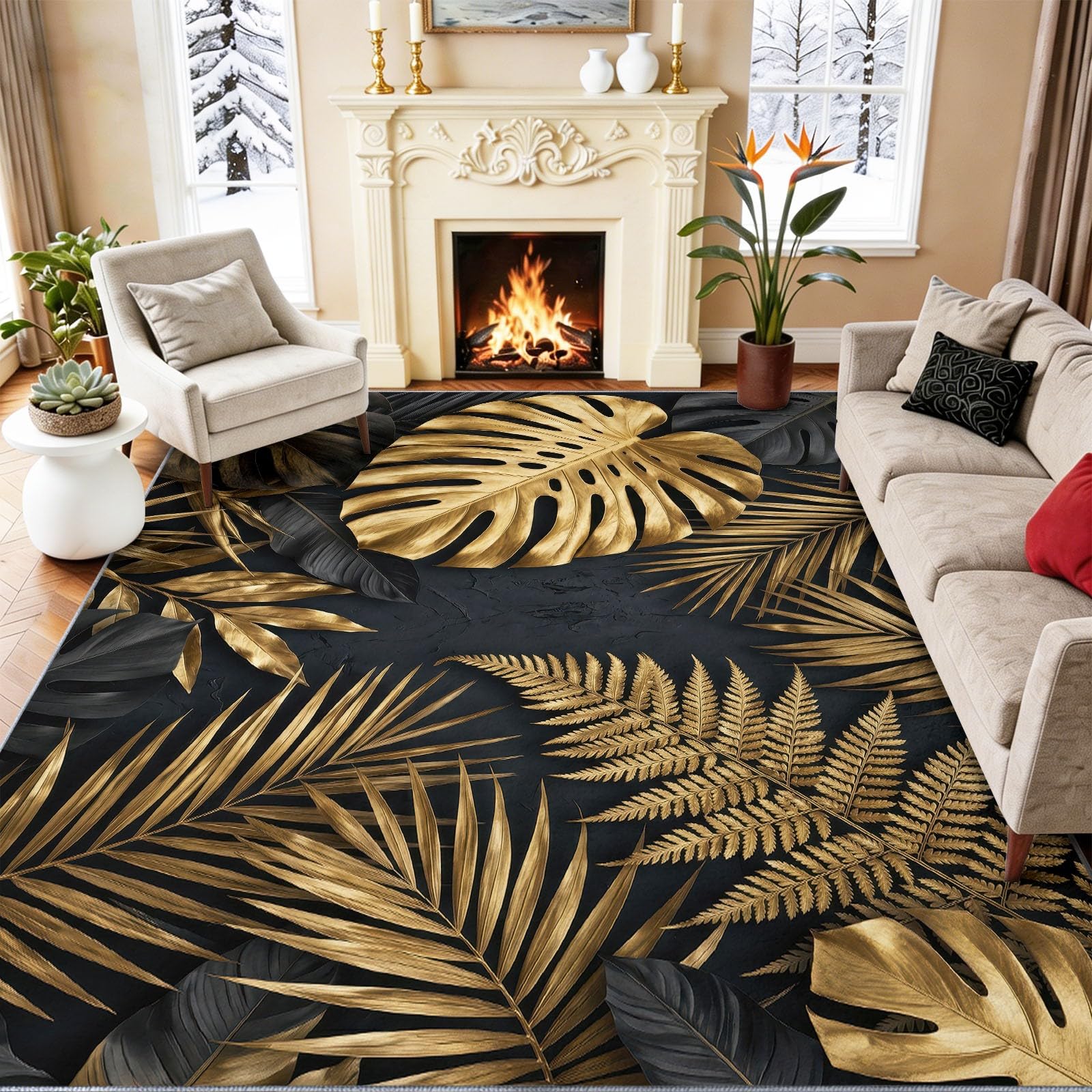 Tappeto con giungla tropicale, 60 x 90 cm, in morbida flanella, antiscivolo, per soggiorno, ingresso, lussuoso, in metallo, lavabile, per camera da letto, salotto e stanza dei giochi, colore: nero e
