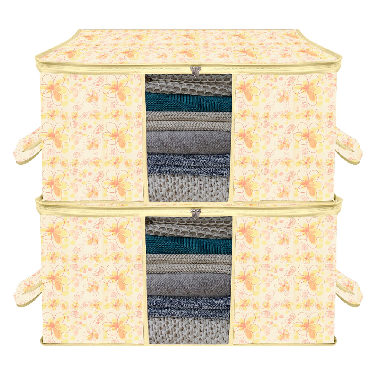 Kuber Industries Underbed Storage Bag|Non-Woven Floral Print Blanket Cover|Razai Cover|Duvet Cover Transparent Window & Handle|Large|Pack of 2 (Ivory & Red)-image-10