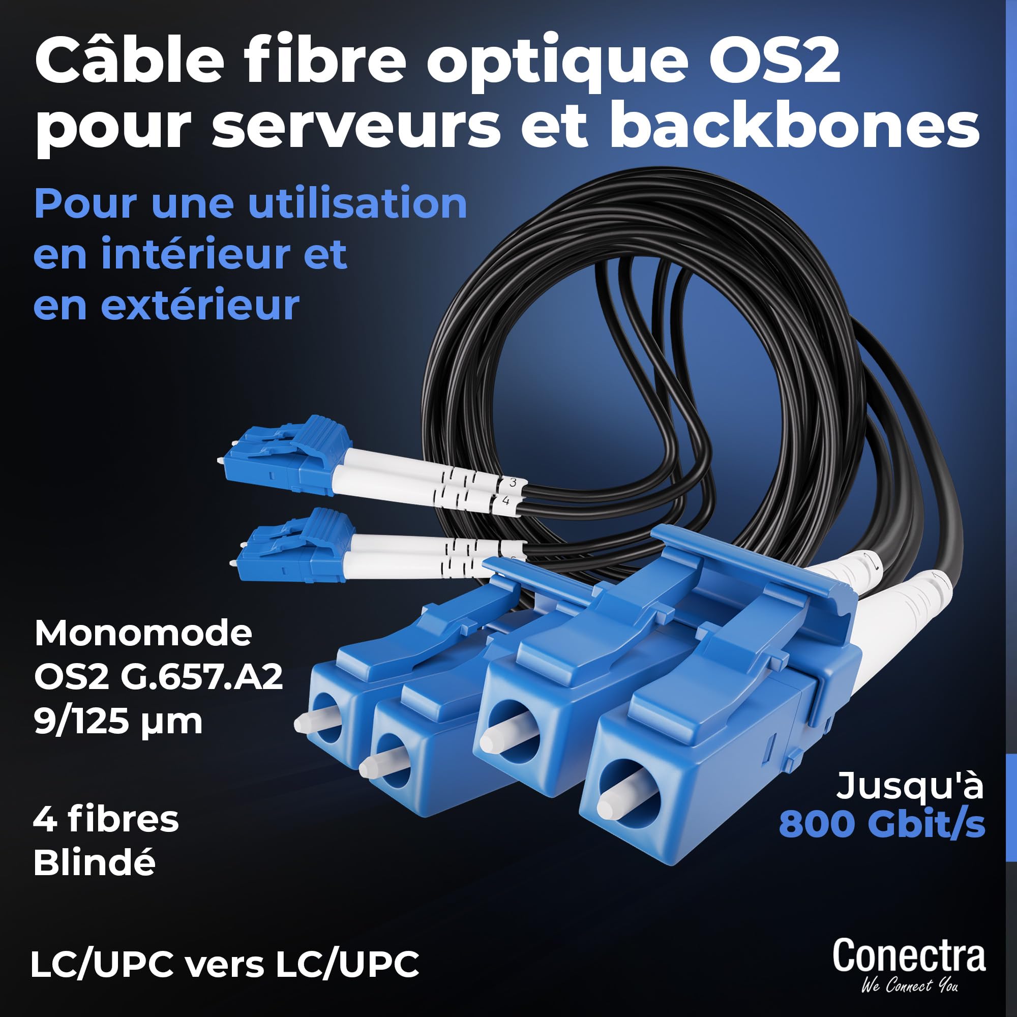 40m Câble Fibre Optique Blindé 4 Brins OS2 LC/UPC ⌀4mm | Monomode 9/125µm G.657.A2, Jarretière Rallonge Cordon, Breakout sans Épissures, Intérieur/Extérieur, Noire, LSZH