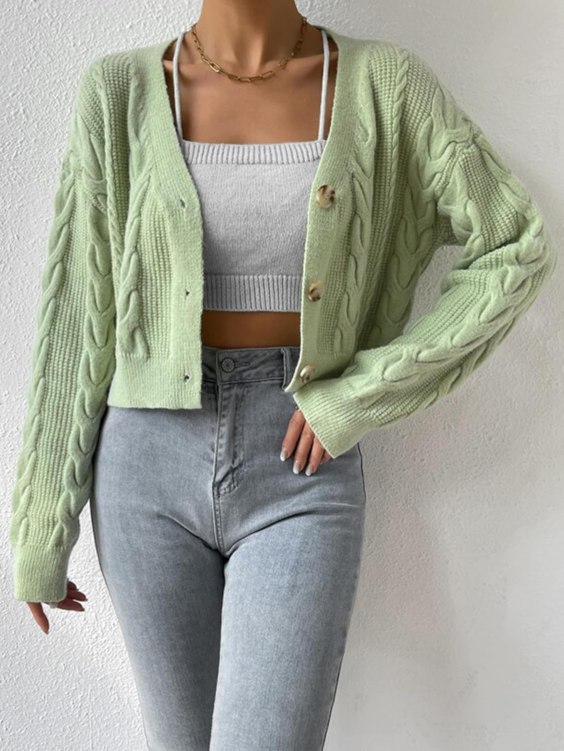 Women's Long Sleeve Button V Neck Soft Knit Cardigan Sweaters Cropped Cardigan Sweaters for Women Cute Cable Knit Outerwear - Image 5