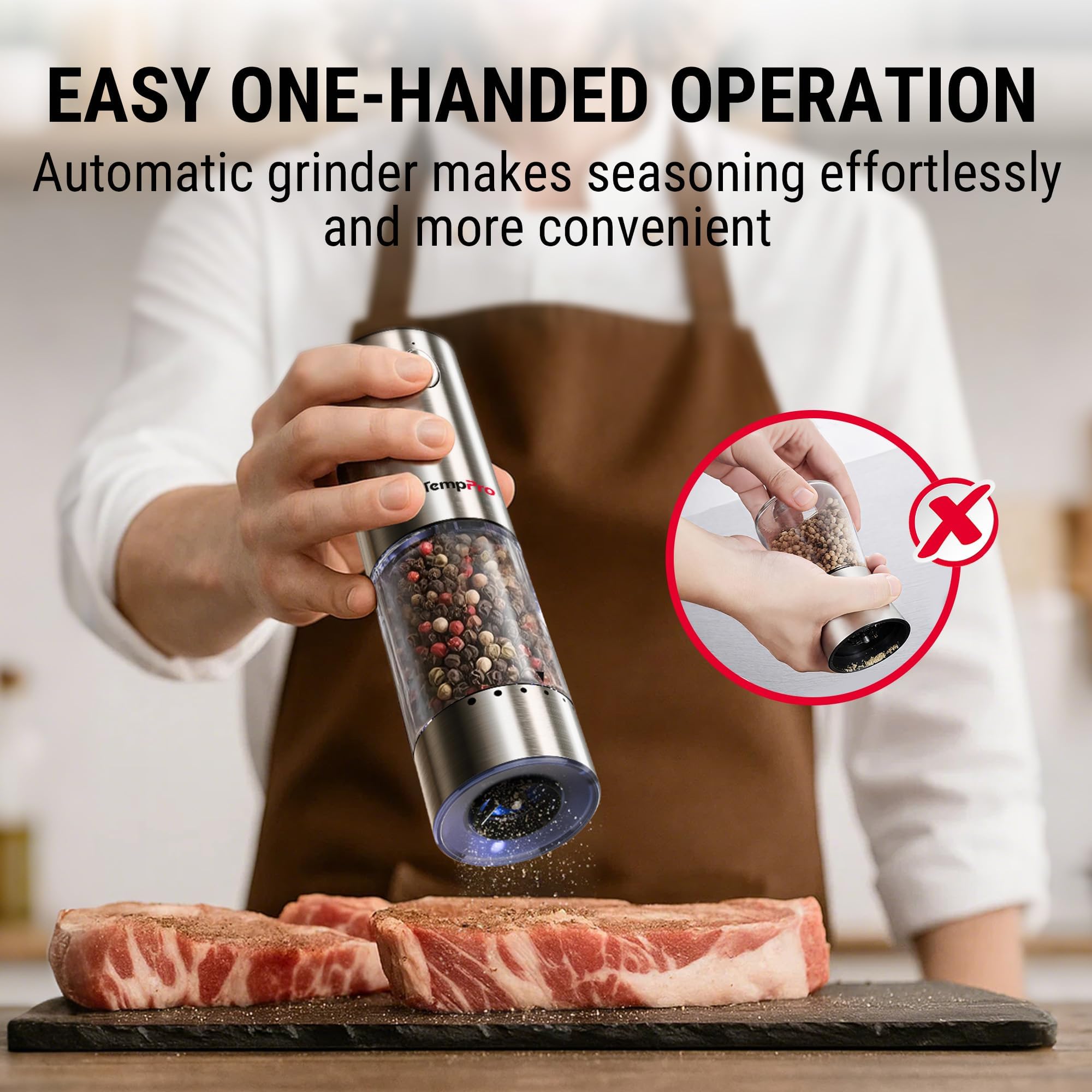 TempPro Electric Salt & Pepper Mills - Rechargeable & Easy! -2