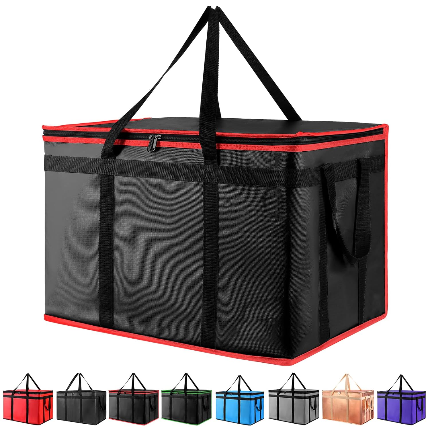 mosago Insulated Food Delivery Bag - Reusable Thermal Cooler Grocery Bags for Catering&Delivery, Pizza Carrier for Events, Large Capacity Bag Keeps Food Hot/Cold, Commercial (Black with Red Trim, 1PK)