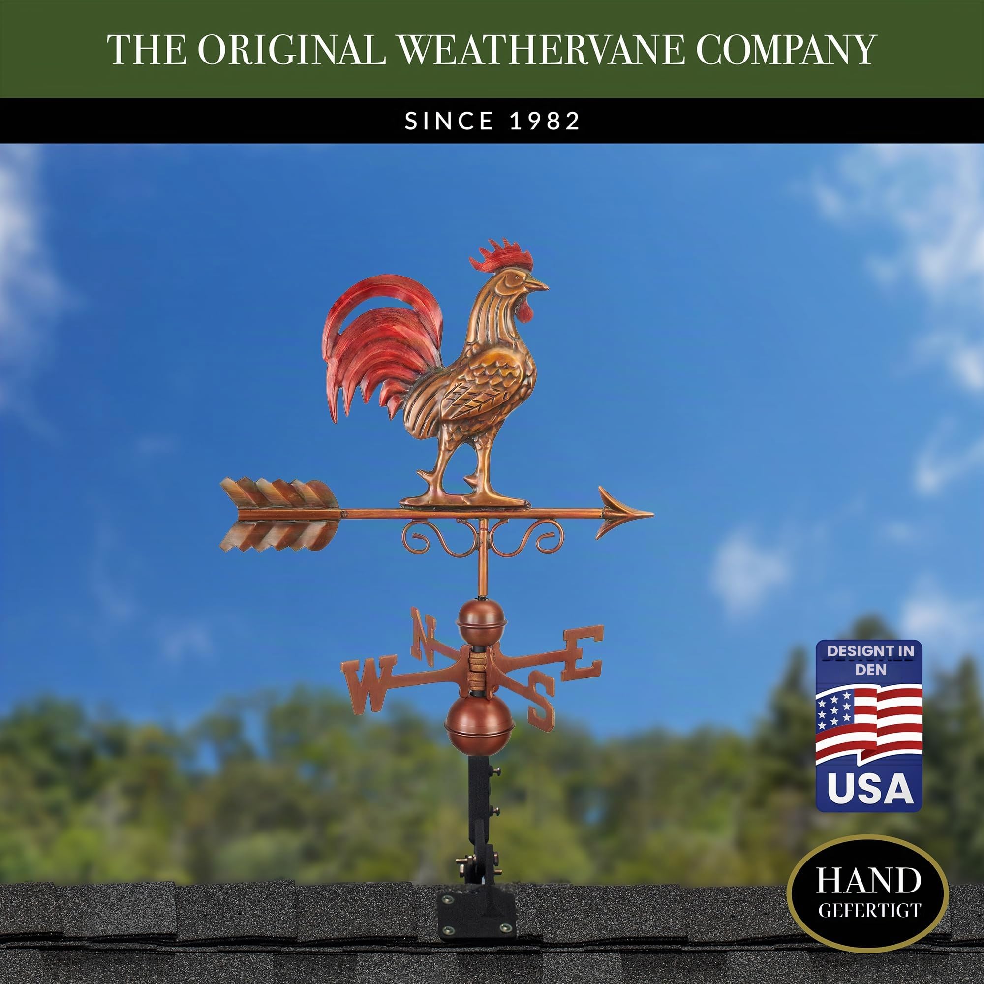 Good Directions 1975RED Wetterfahne Bantam Roter Hahn, reines Kupfer, handgefertigt, Mehrfarbig, Patina