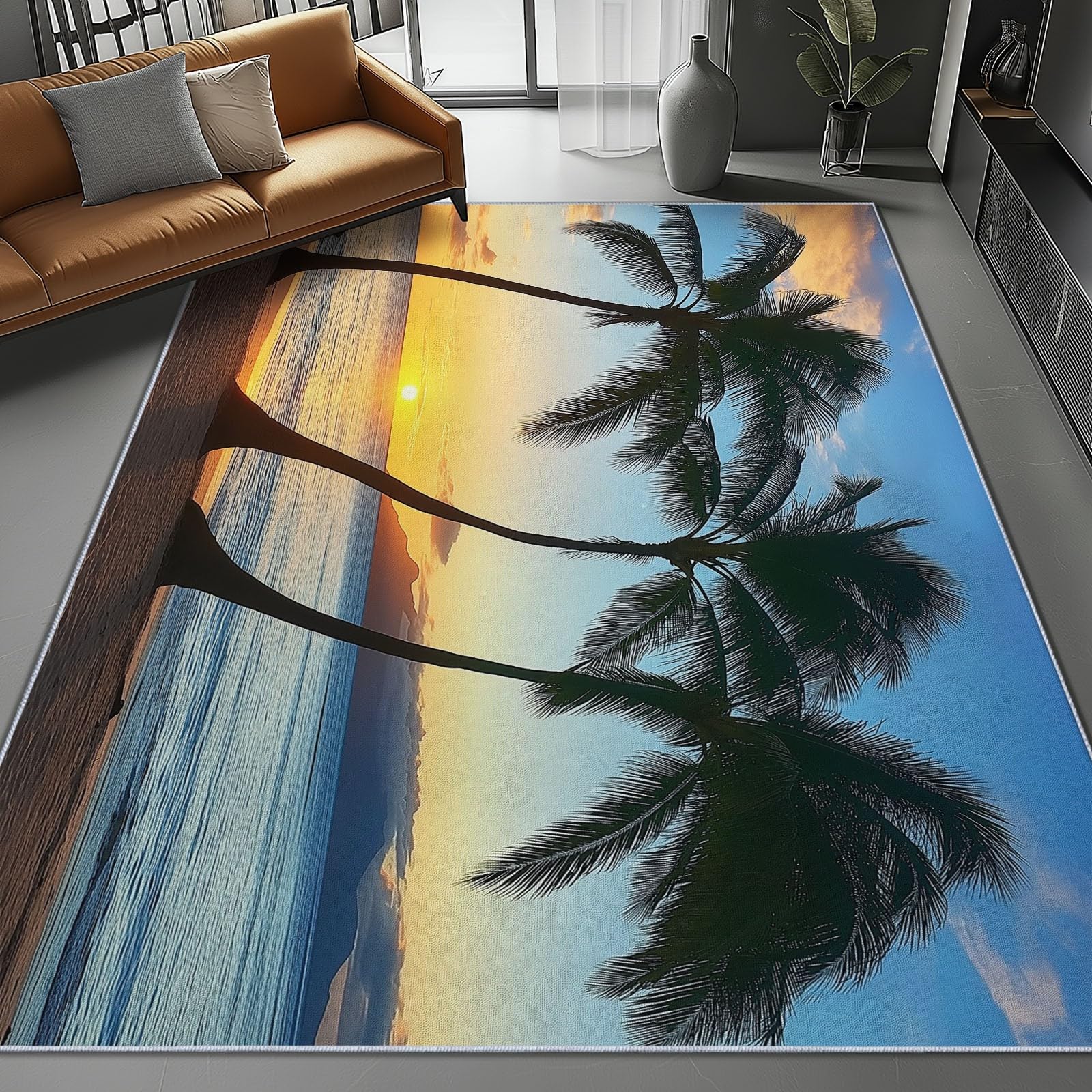 Tappeto multiuso in microfibra Blu Arancione con Fondo Gommato Antiscivolo Paesaggio tropicale tramonto Stampa, per ingresso, bagno - Lavabile in lavatrice 120 x 170 cm