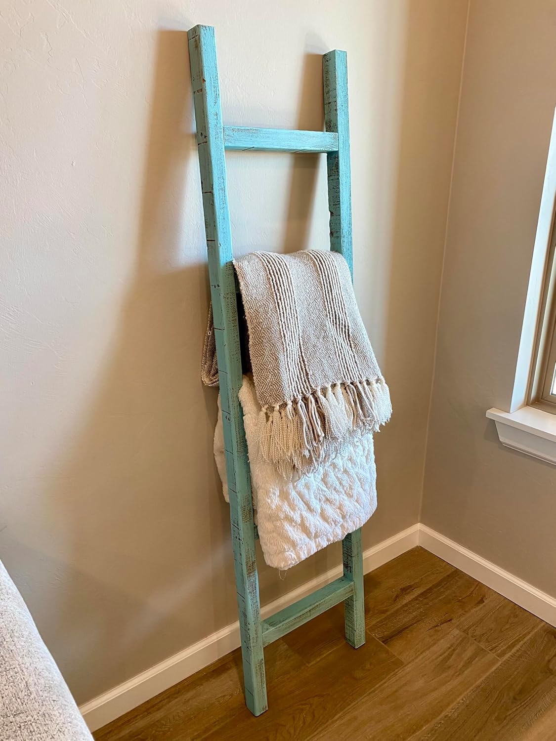 BARNWOODUSA Rustic Farmhouse Decorative Ladder - Our 47 inch Ladder can be Mounted Horizontally or Vertically and is Crafted from Reused Wood No Assembly Required Robins Egg Blue