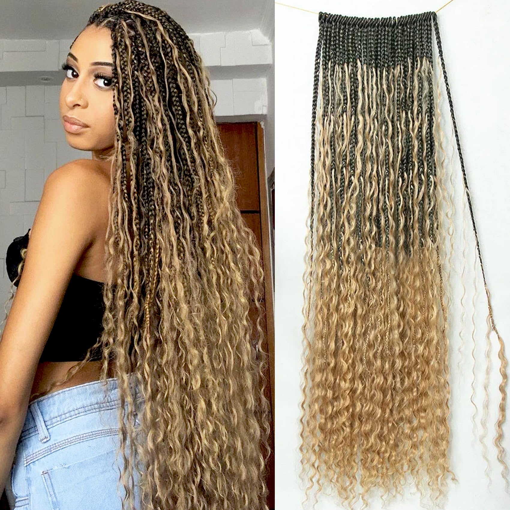 BLG Crochet Boho Box Braids with Human Hair Curls Blond Curly Human Hair Boho Crochet Braids Pre Looped Bohemian Crochet Braids for Black Women 18