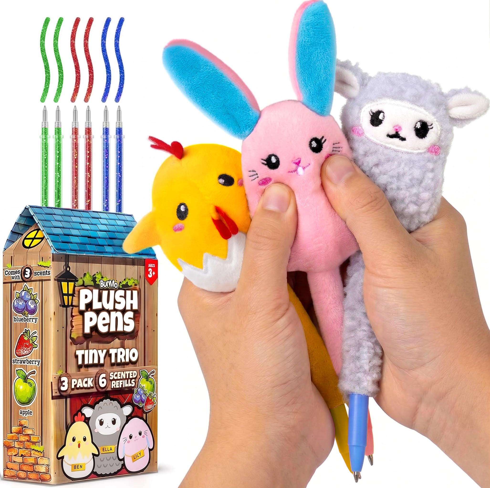 BUNMO Cute Pens - Plush Fun Pens w/Soft Grip &amp; 6 Colorful Refills - Gifts for Tweens - Fun Pencils for Kids - Bunny, Lamb, and Chicken - Gift for Teens - Squishies for Kids - Tiny Trio 3 Pack