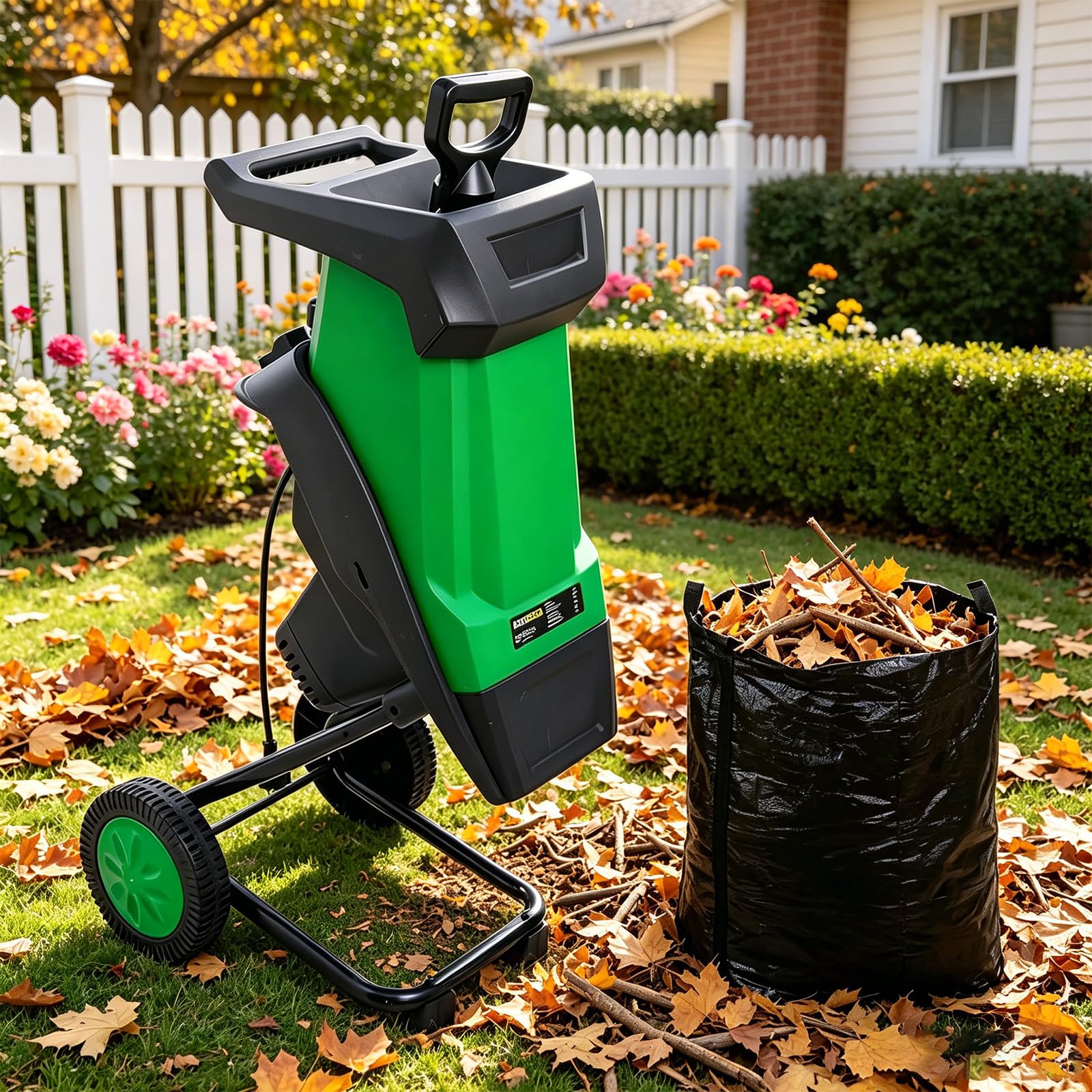 Biotrituradora con Cuchillas de Acero Doble, 2400W, 4500rpm, Bolsa 50L, reducción 15:1. para Ramas y Hojas en jardín, protección sobrecarga, fácil Mover y Usar