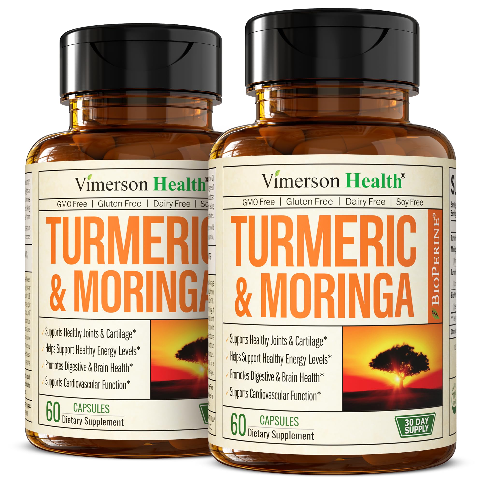 Moringa + Turmeric Curcumin Supplement for Joint Health, Gut Health, Energy and Immune Support - Total Wellness Formula - Tumeric Curcumin with Black Pepper & Moringa Pure Capsules - 60 Count - 2 Pack
