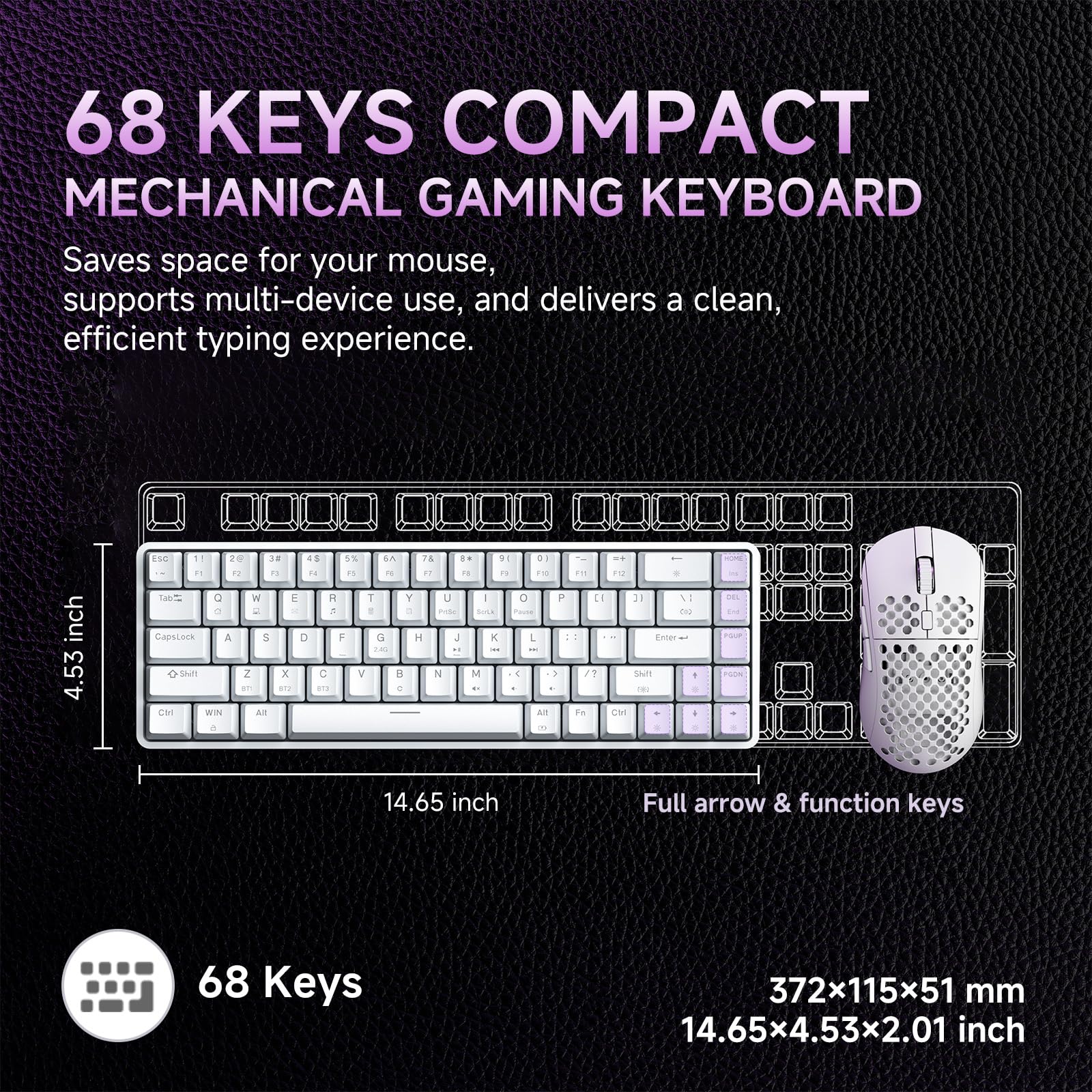 Dierya DK68 Teclado Mecánico Gaming Inalámbrico,60% Layout Compacto 68 Teclas con Triple Modo-Bluetooth/2.4G/Type-C,Red Switch Gamer Mechanical RGB Keyboard para PC/Win/Mac,QWERTY,Blanco